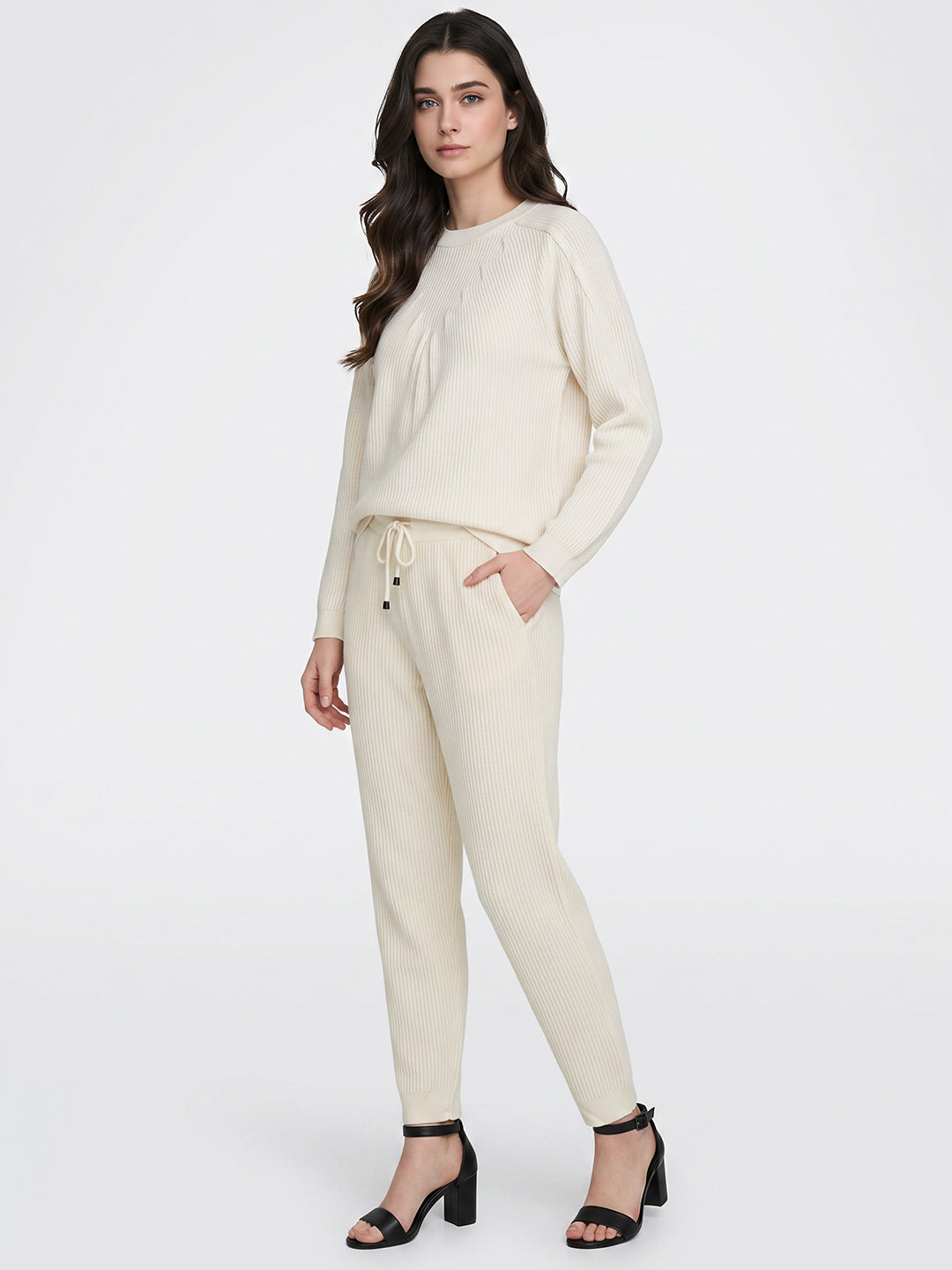 Luxuria Women Cream Self Design Round Neck Full Sleeve Cords Set