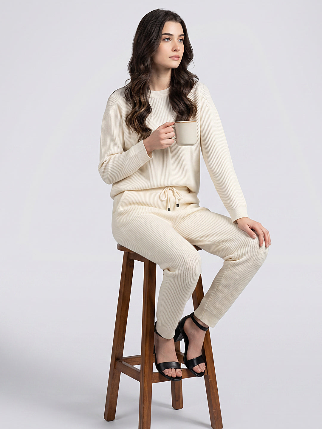 Luxuria Women Cream Self Design Round Neck Full Sleeve Cords Set