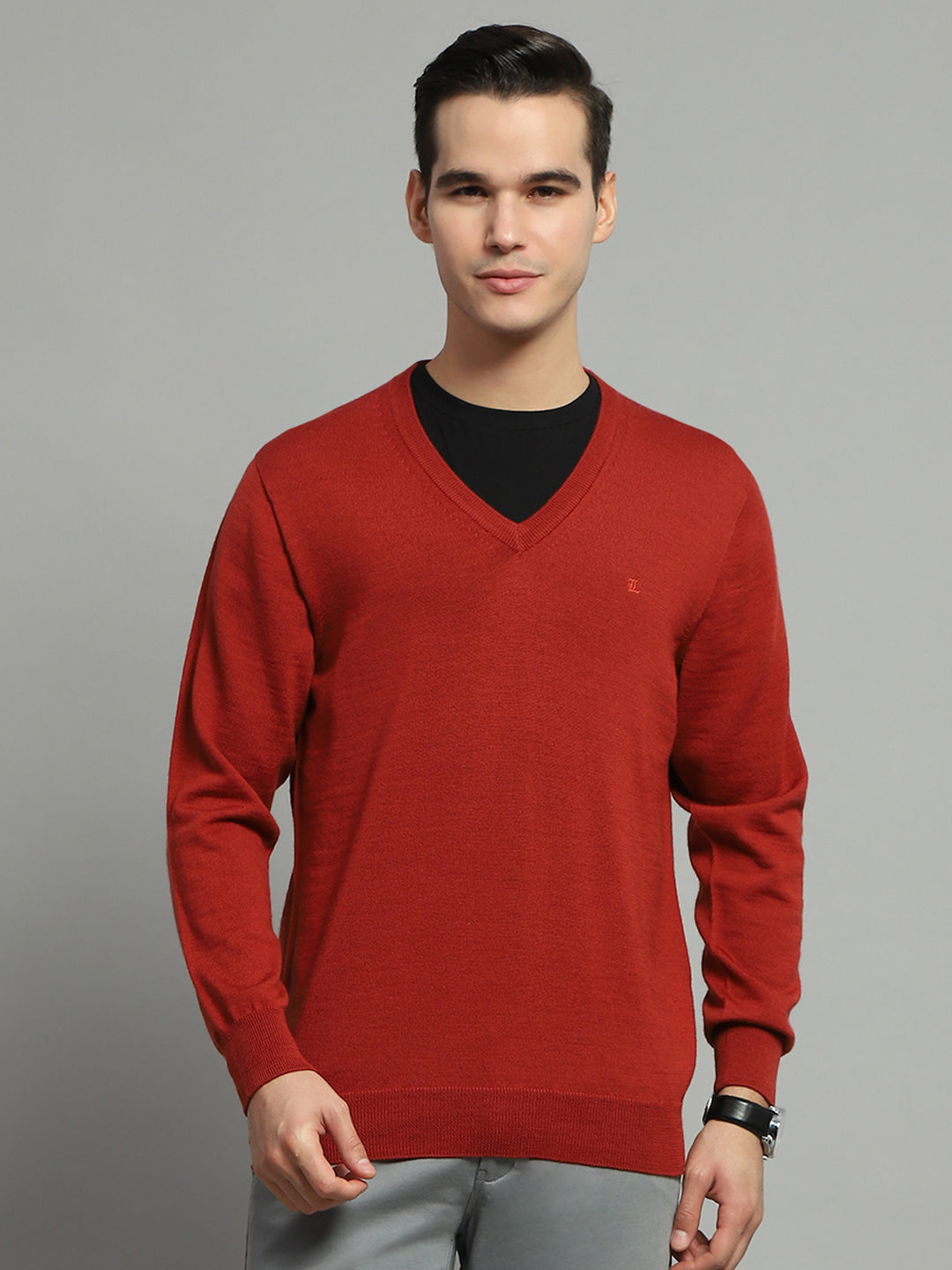 Luxuria Men Rust Solid V Neck Full Sleeve Pullover