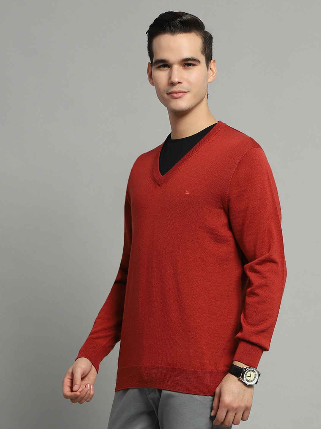 Luxuria Men Rust Solid V Neck Full Sleeve Pullover