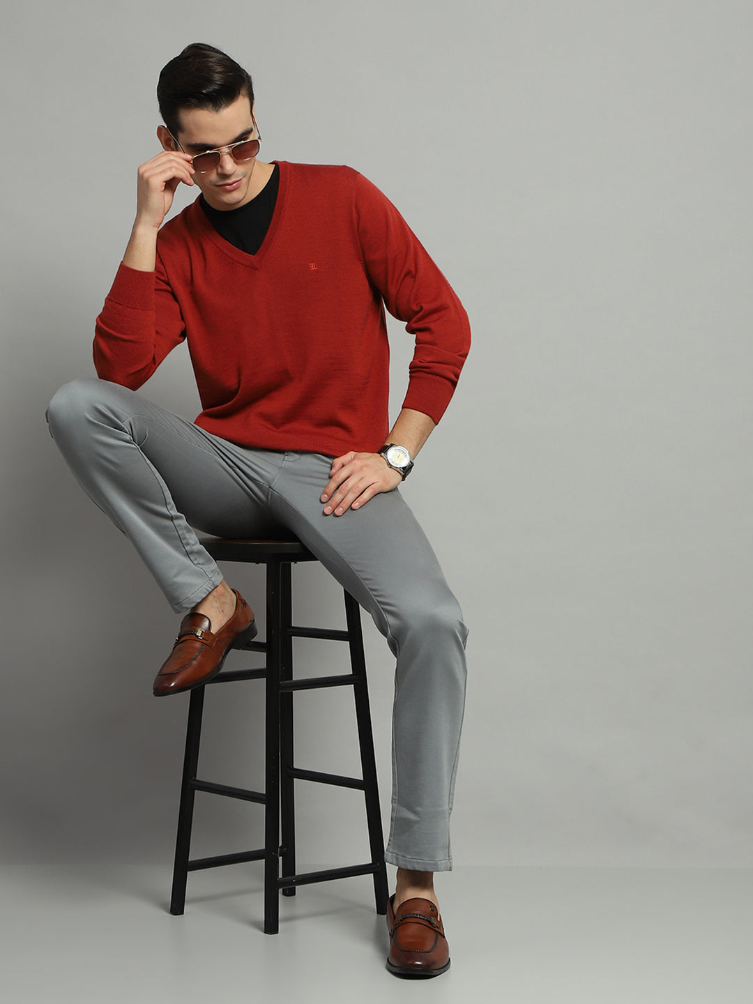 Luxuria Men Rust Solid V Neck Full Sleeve Pullover