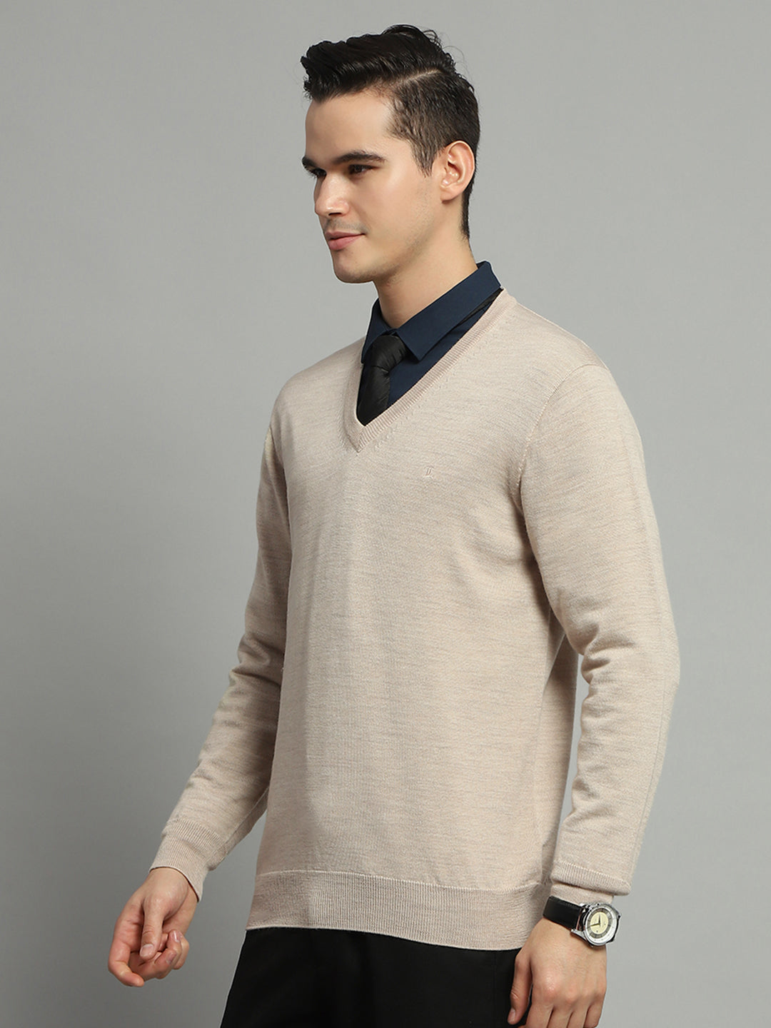 Luxuria Men Beige Solid V Neck Full Sleeve Pullover