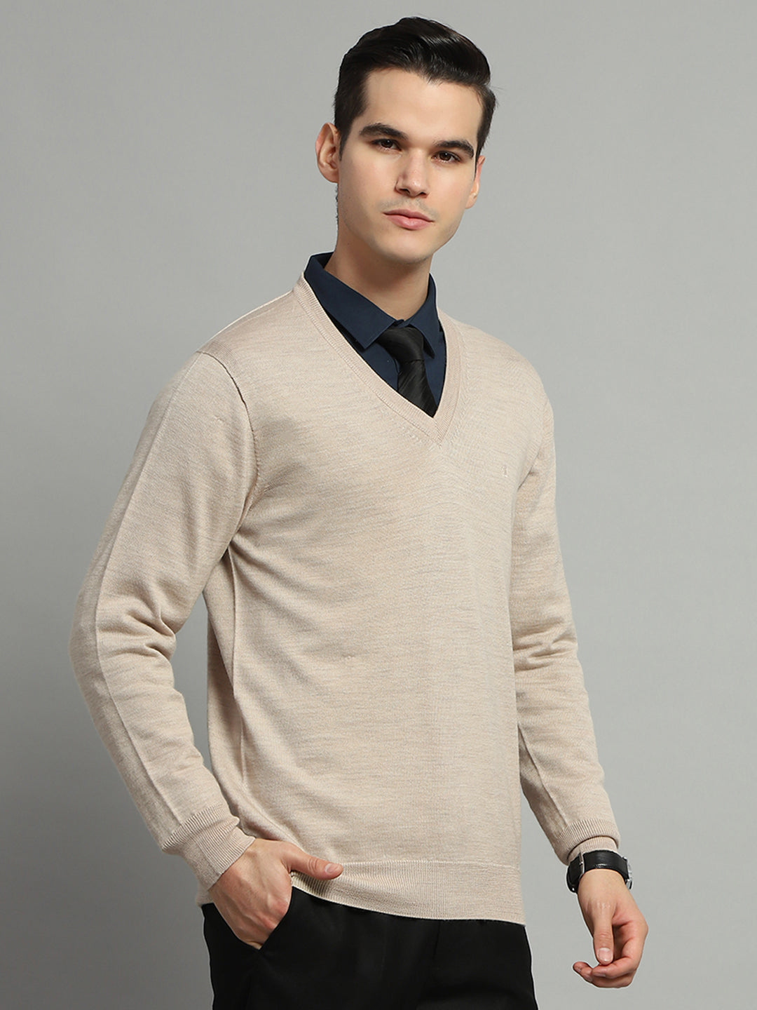 Luxuria Men Beige Solid V Neck Full Sleeve Pullover