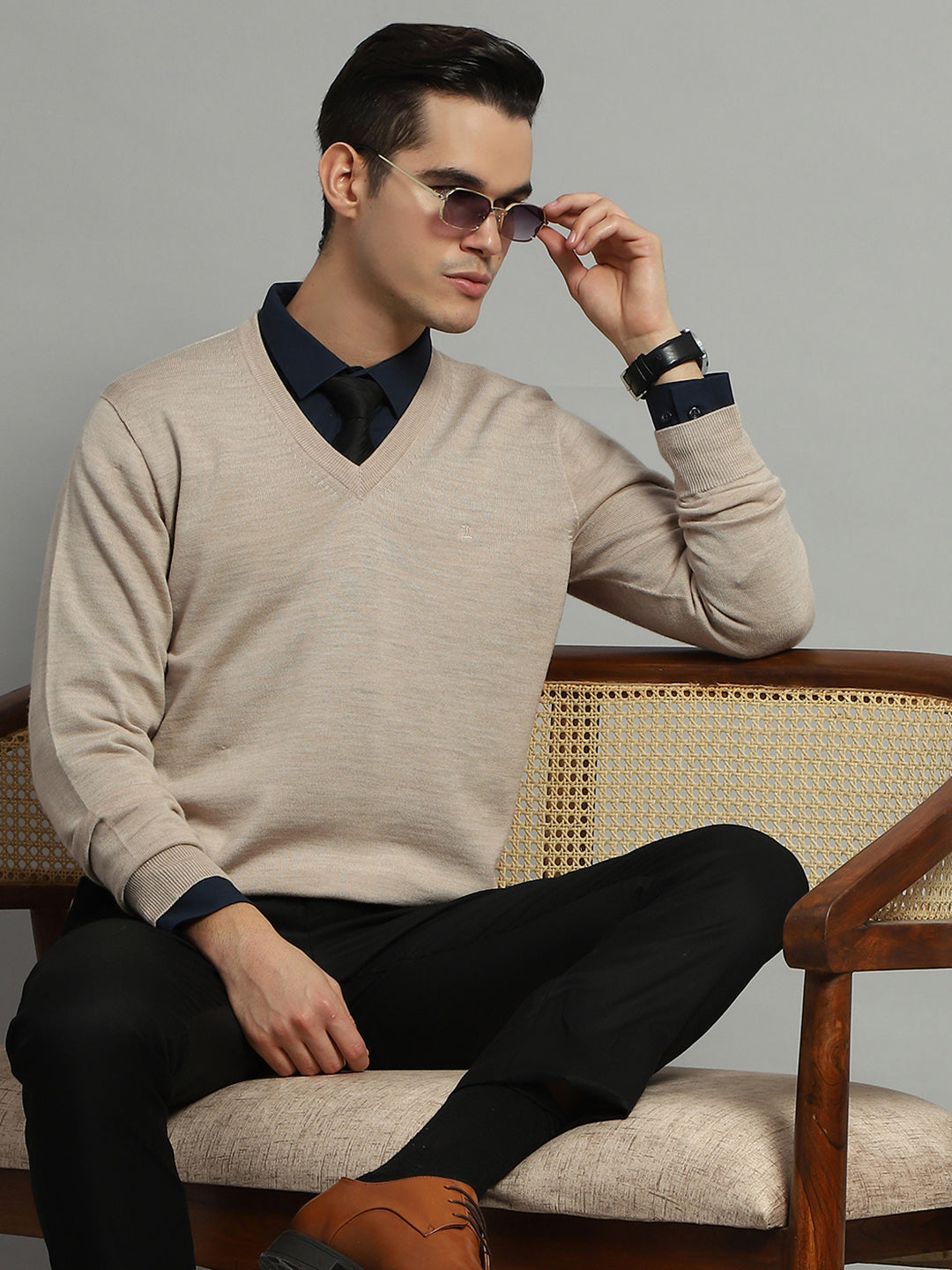 Luxuria Men Beige Solid V Neck Full Sleeve Pullover