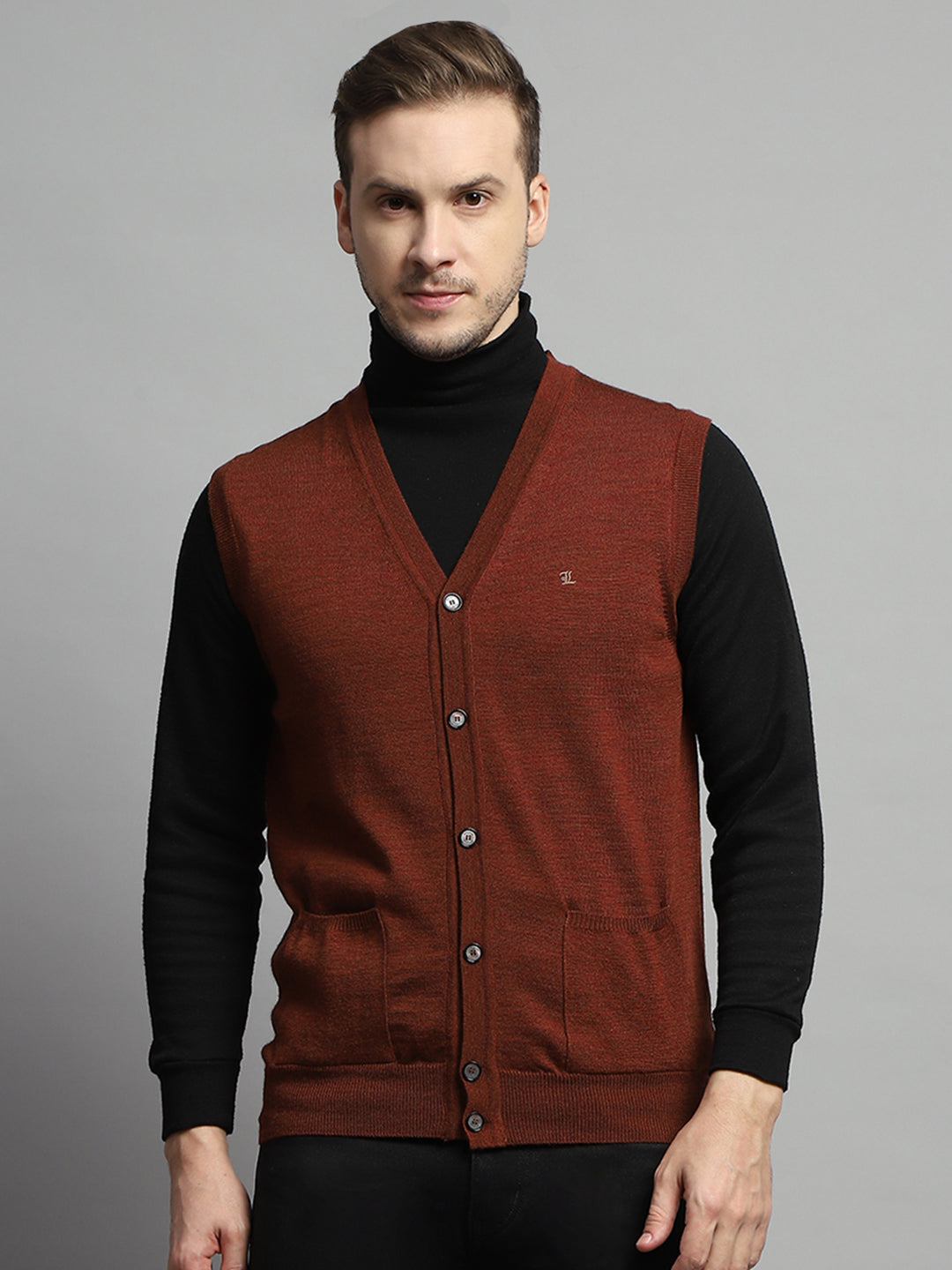 Luxuria Men Rust Solid V Neck Sleeveless Cardigan