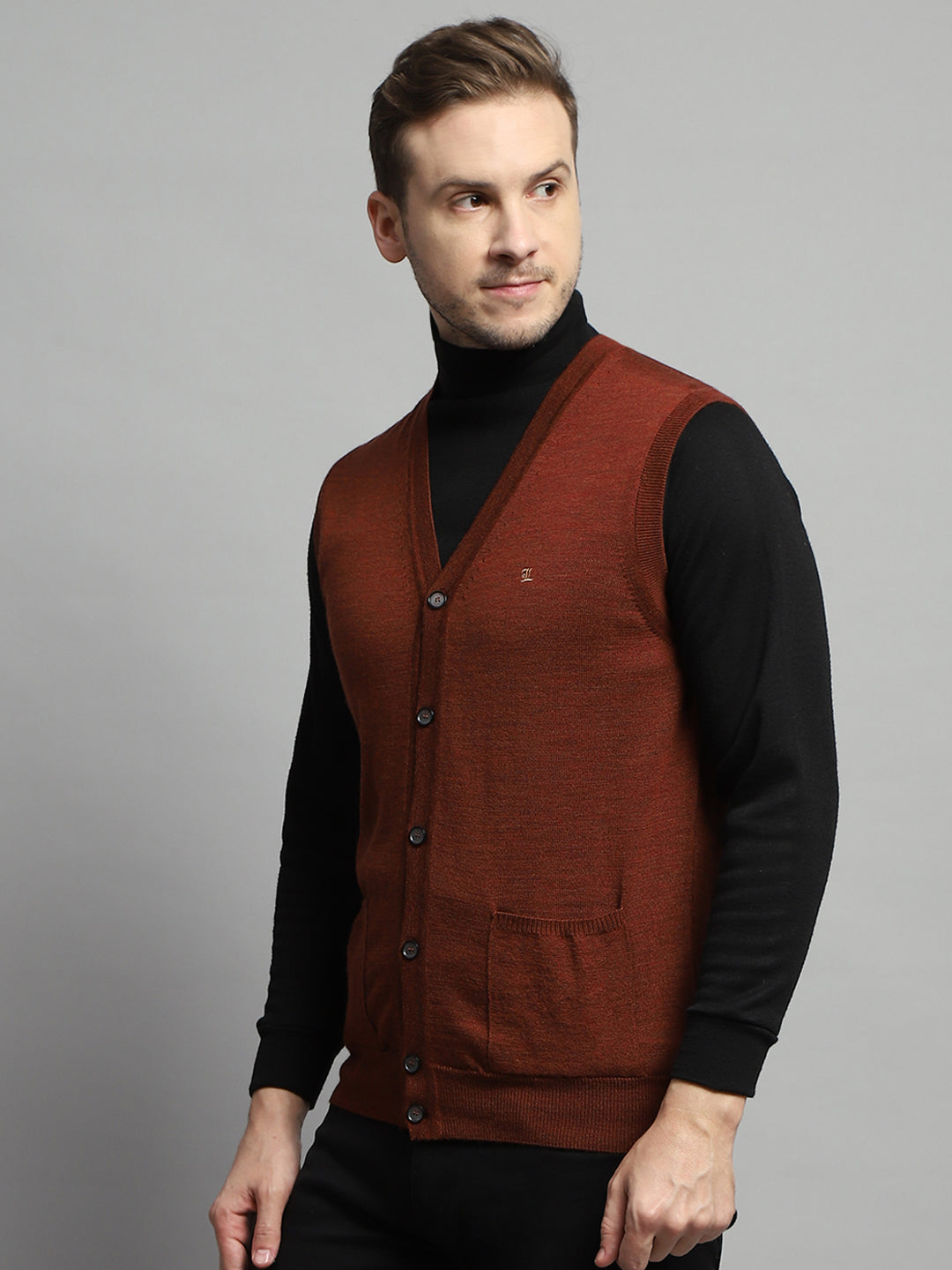 Luxuria Men Rust Solid V Neck Sleeveless Cardigan