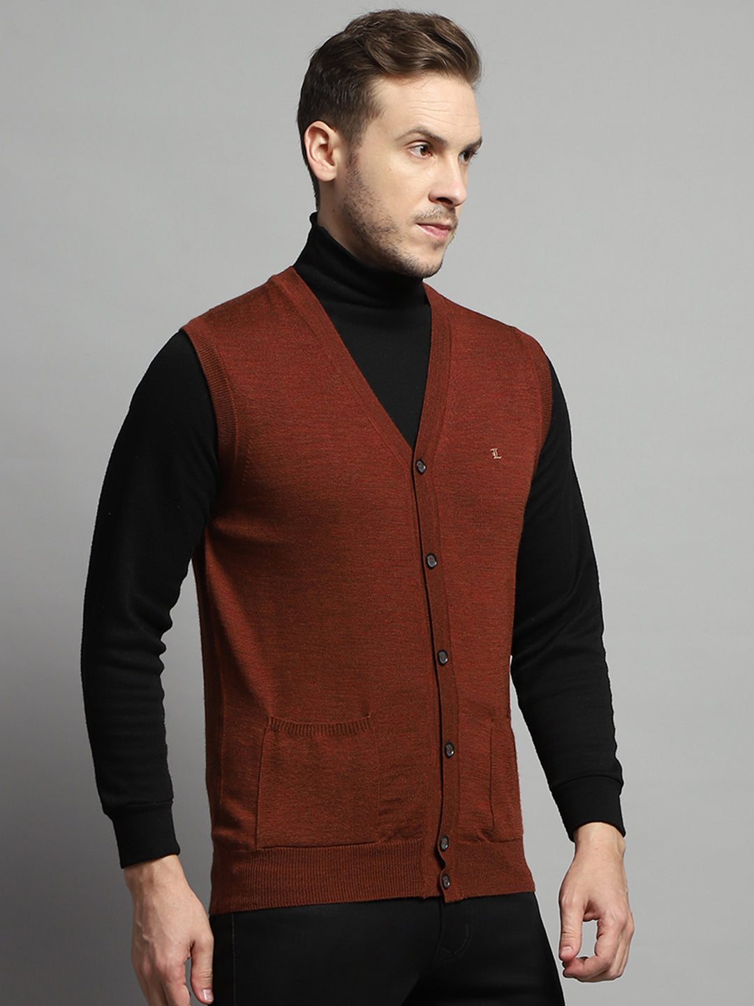 Luxuria Men Rust Solid V Neck Sleeveless Cardigan