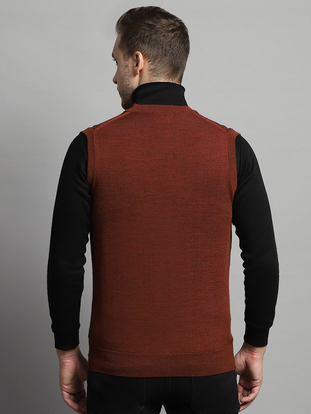Luxuria Men Rust Solid V Neck Sleeveless Cardigan