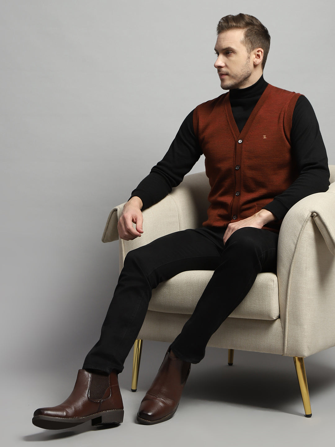 Luxuria Men Rust Solid V Neck Sleeveless Cardigan