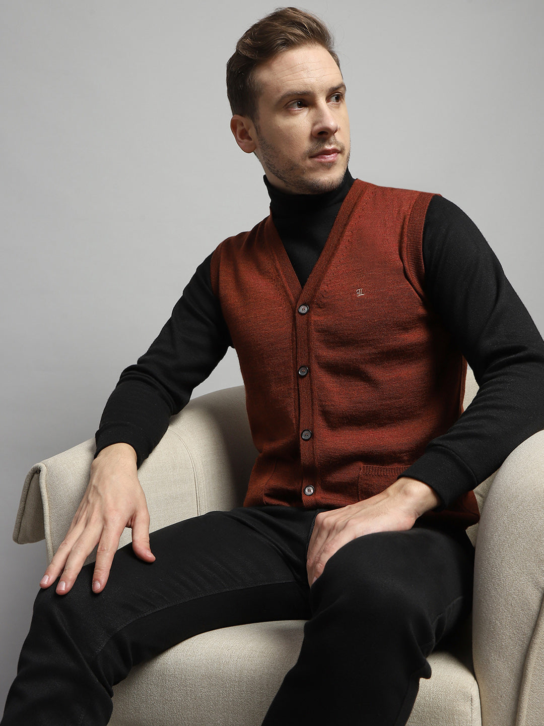 Luxuria Men Rust Solid V Neck Sleeveless Cardigan