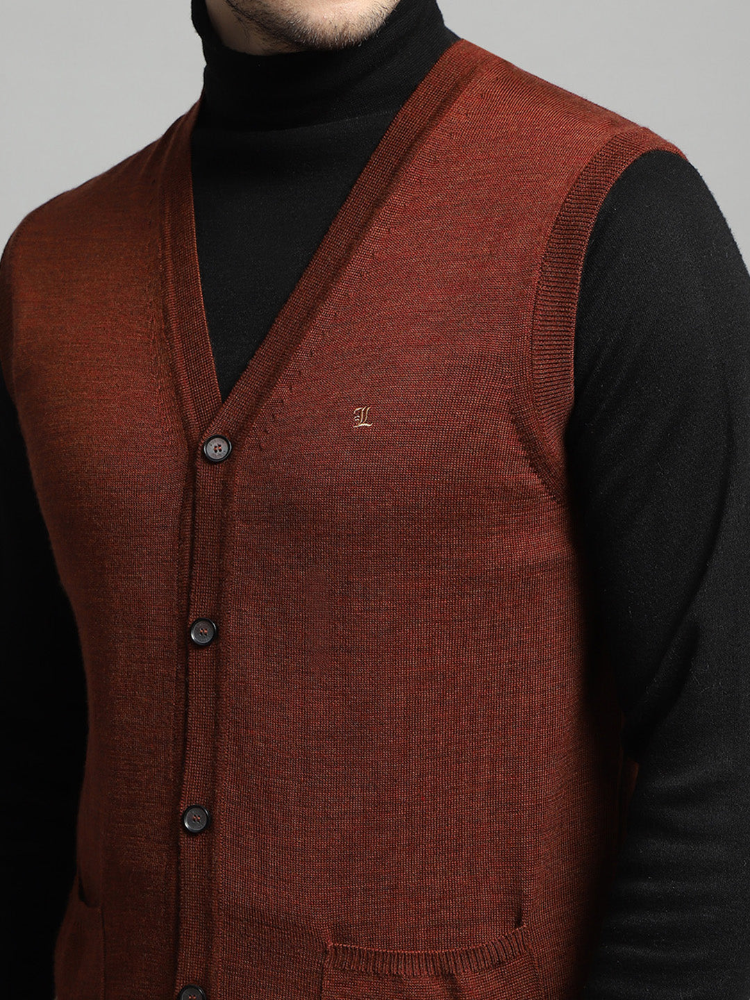 Luxuria Men Rust Solid V Neck Sleeveless Cardigan