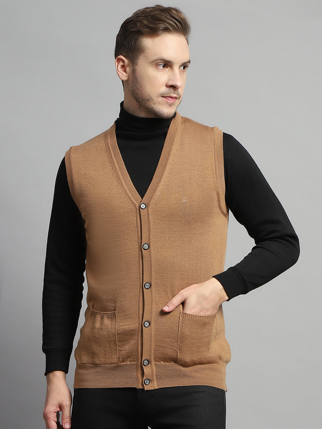 Luxuria Men Beige Solid V Neck Sleeveless Cardigan
