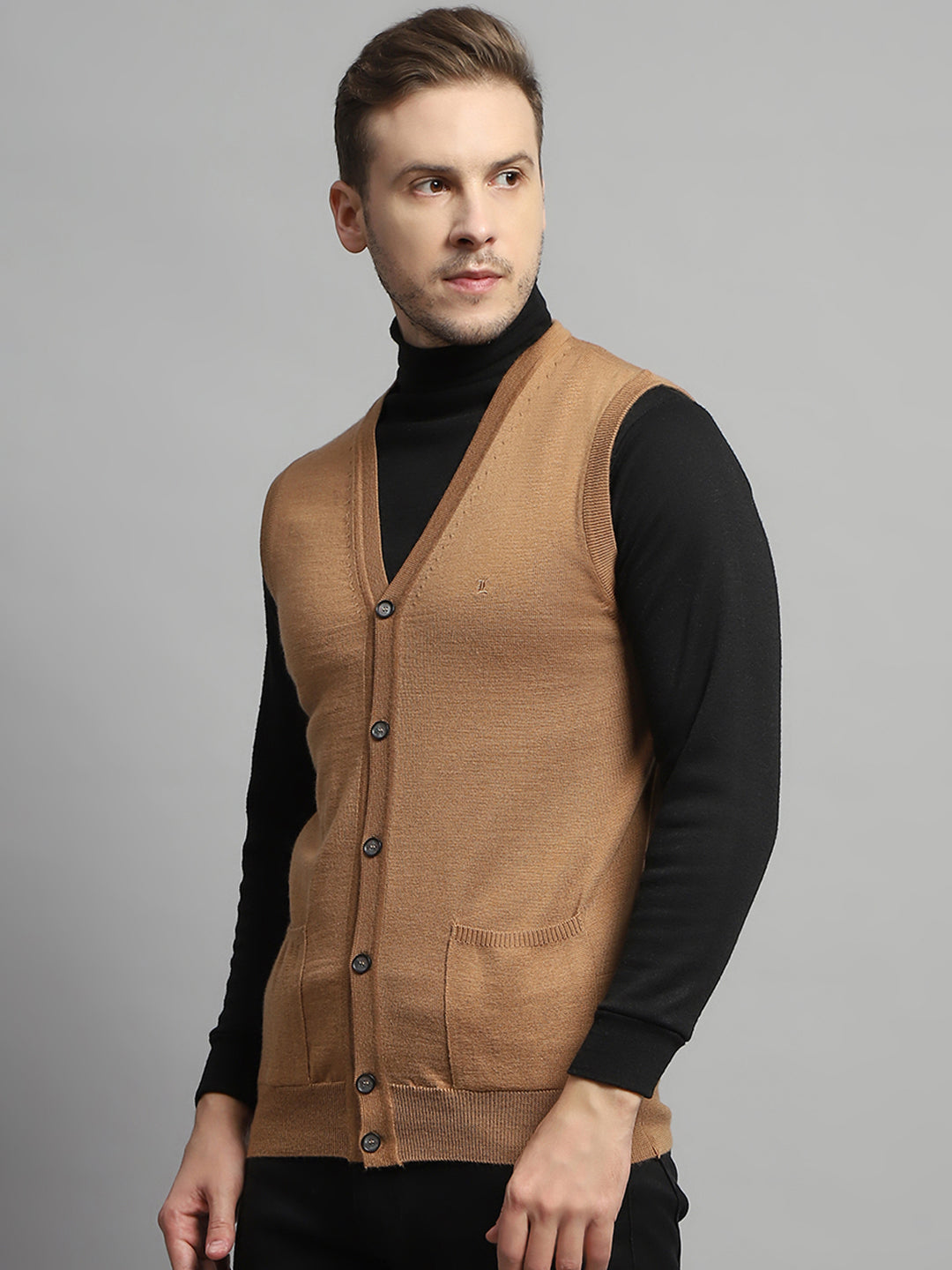 Luxuria Men Beige Solid V Neck Sleeveless Cardigan