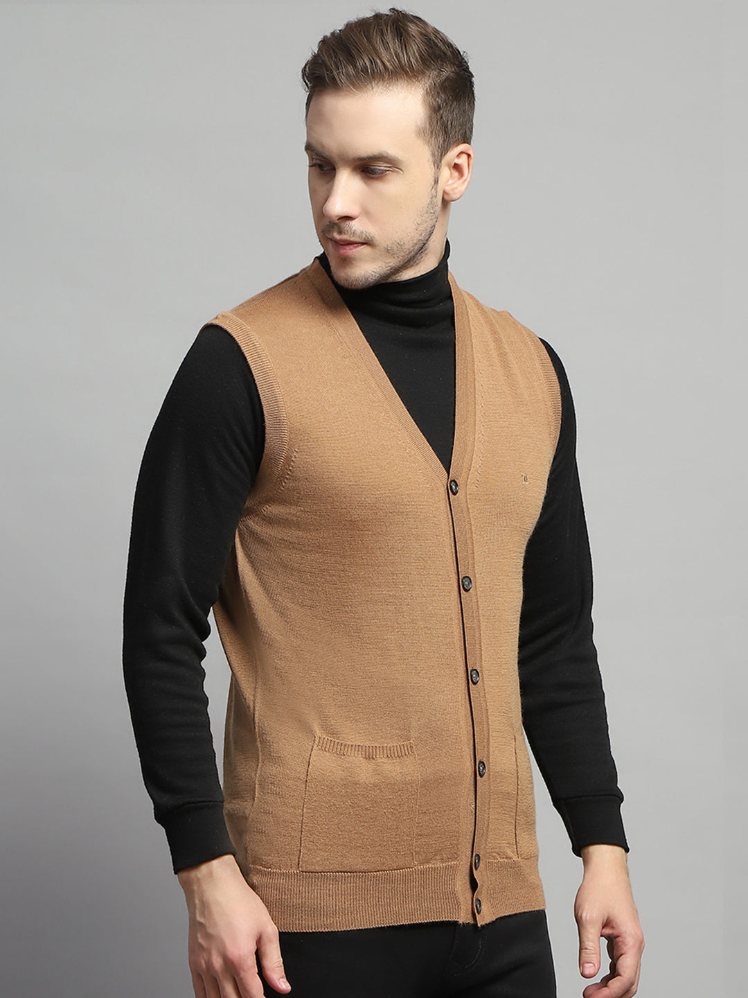 Luxuria Men Beige Solid V Neck Sleeveless Cardigan
