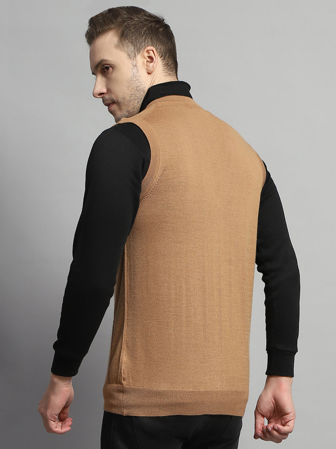 Luxuria Men Beige Solid V Neck Sleeveless Cardigan
