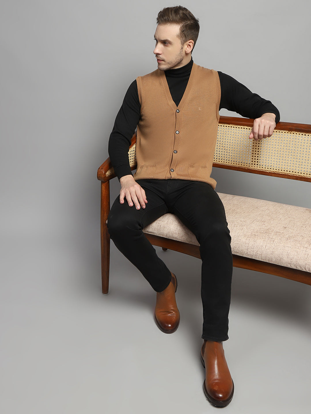 Luxuria Men Beige Solid V Neck Sleeveless Cardigan