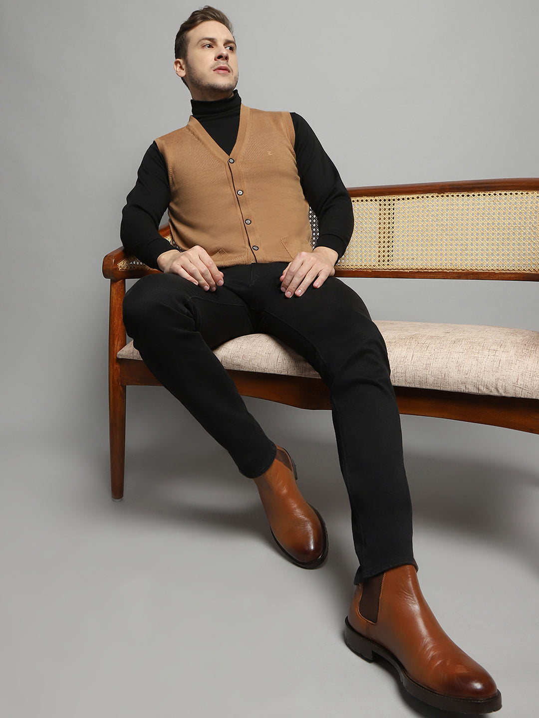 Luxuria Men Beige Solid V Neck Sleeveless Cardigan