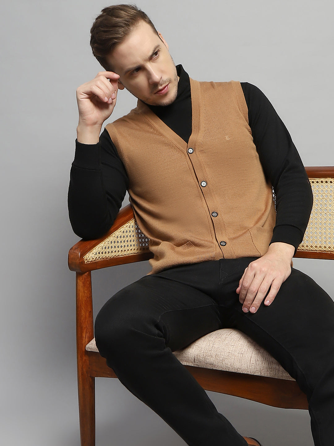 Luxuria Men Beige Solid V Neck Sleeveless Cardigan