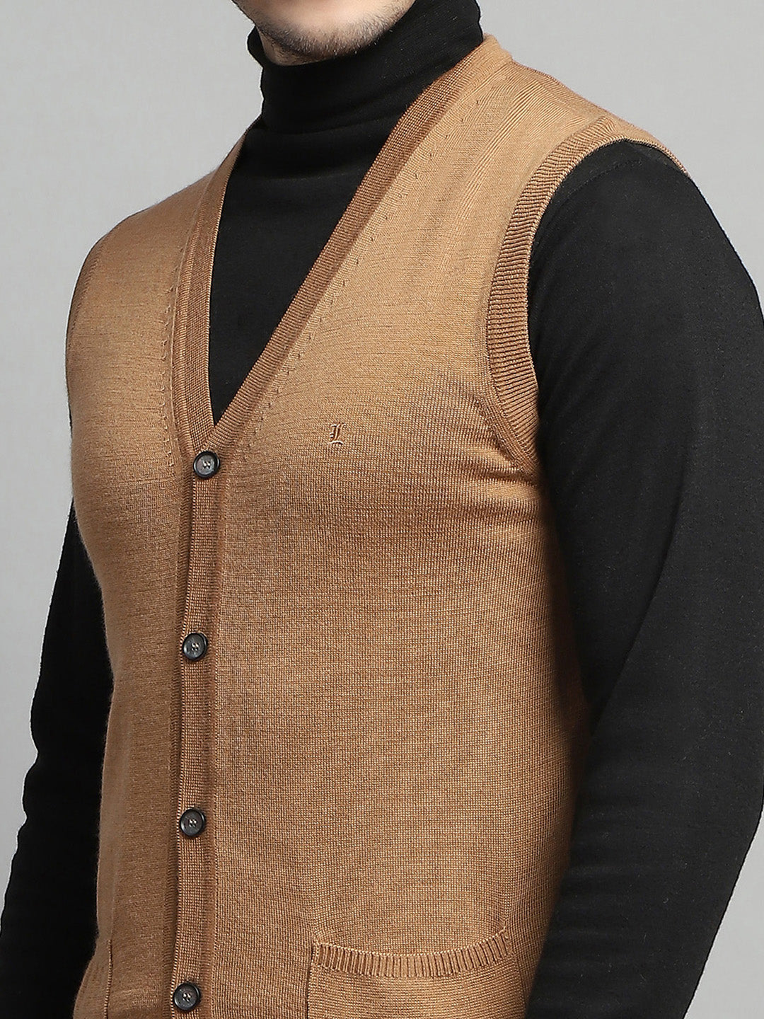 Luxuria Men Beige Solid V Neck Sleeveless Cardigan