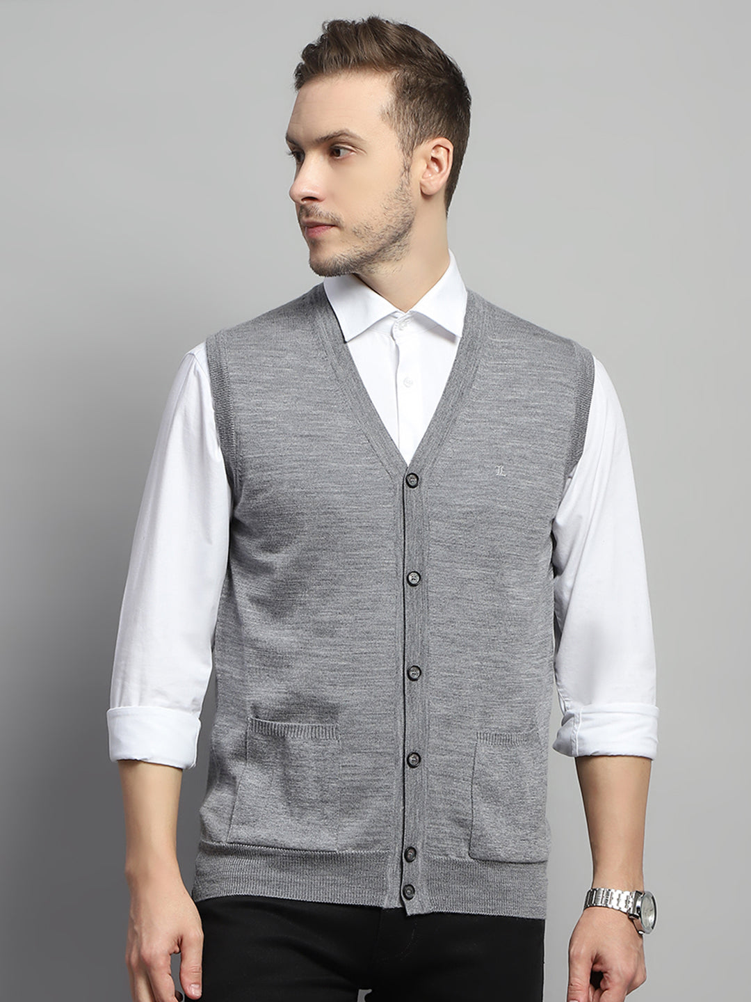 Luxuria Men Grey Solid V Neck Sleeveless Cardigan
