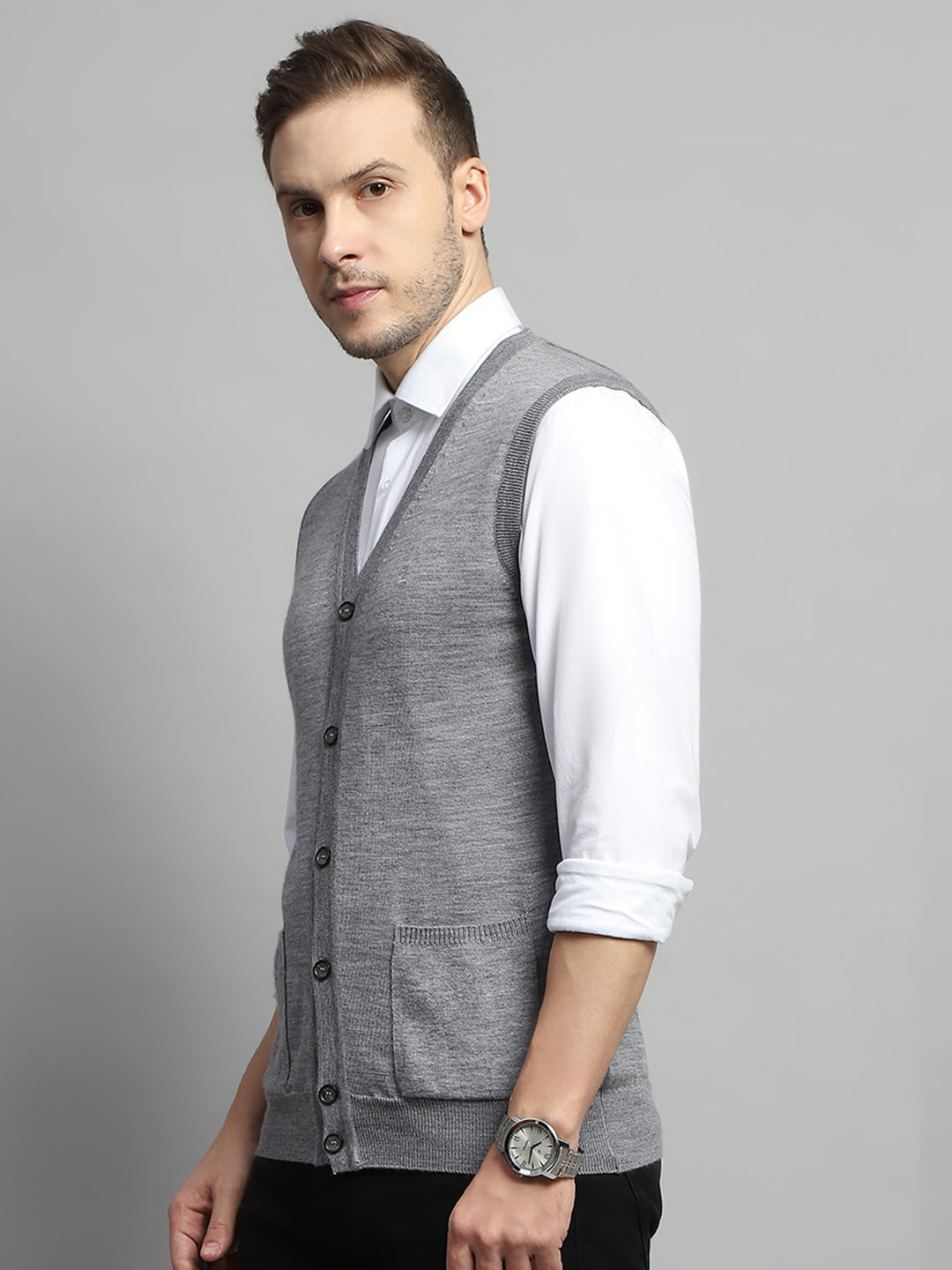 Luxuria Men Grey Solid V Neck Sleeveless Cardigan