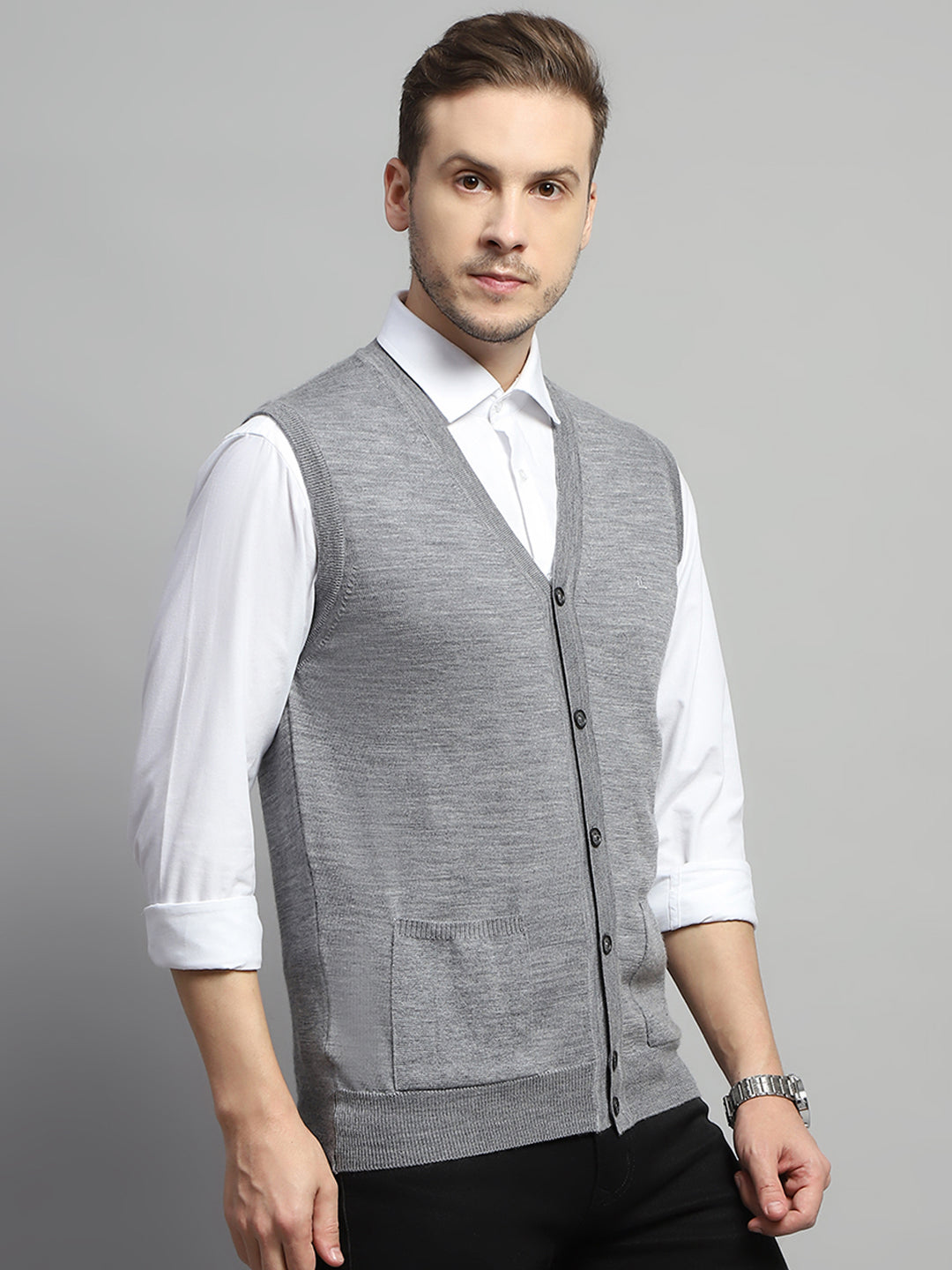 Luxuria Men Grey Solid V Neck Sleeveless Cardigan