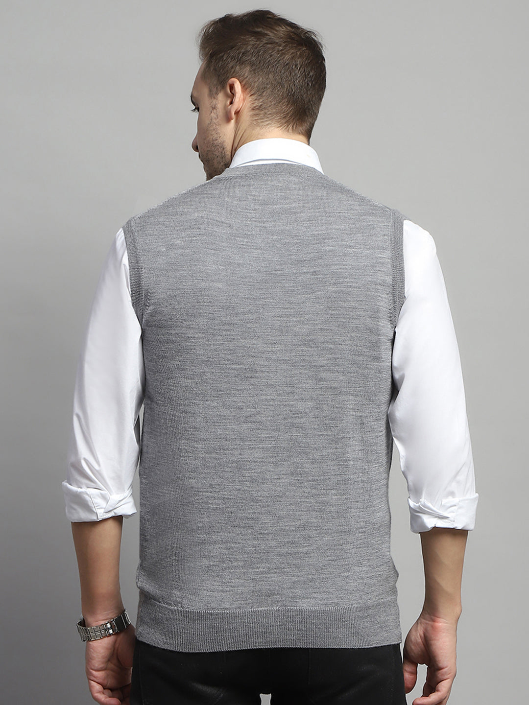 Luxuria Men Grey Solid V Neck Sleeveless Cardigan