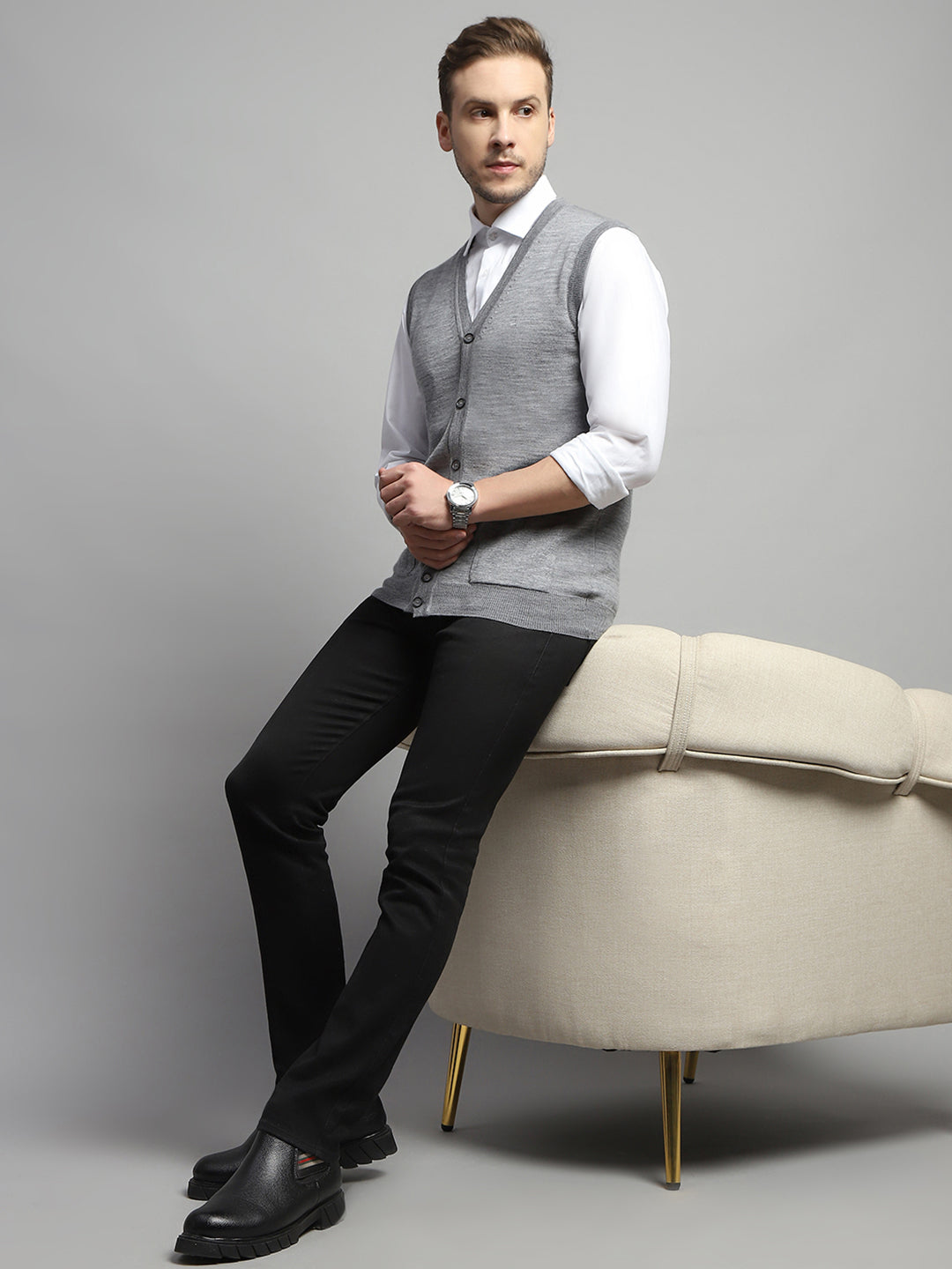 Luxuria Men Grey Solid V Neck Sleeveless Cardigan