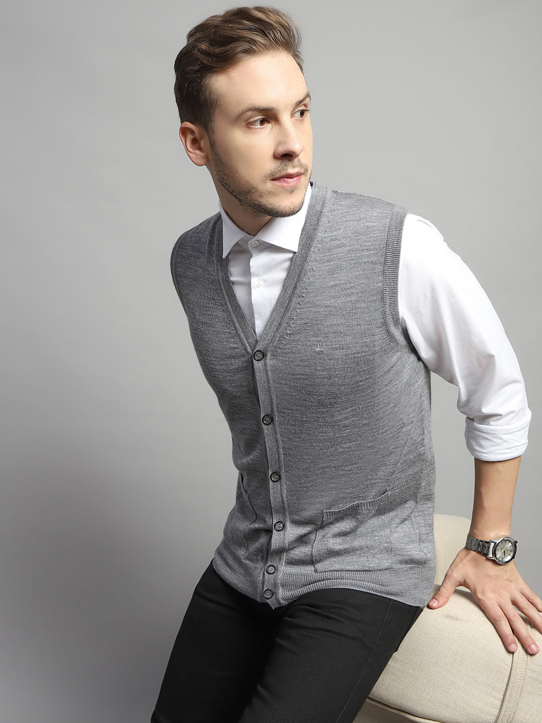 Luxuria Men Grey Solid V Neck Sleeveless Cardigan