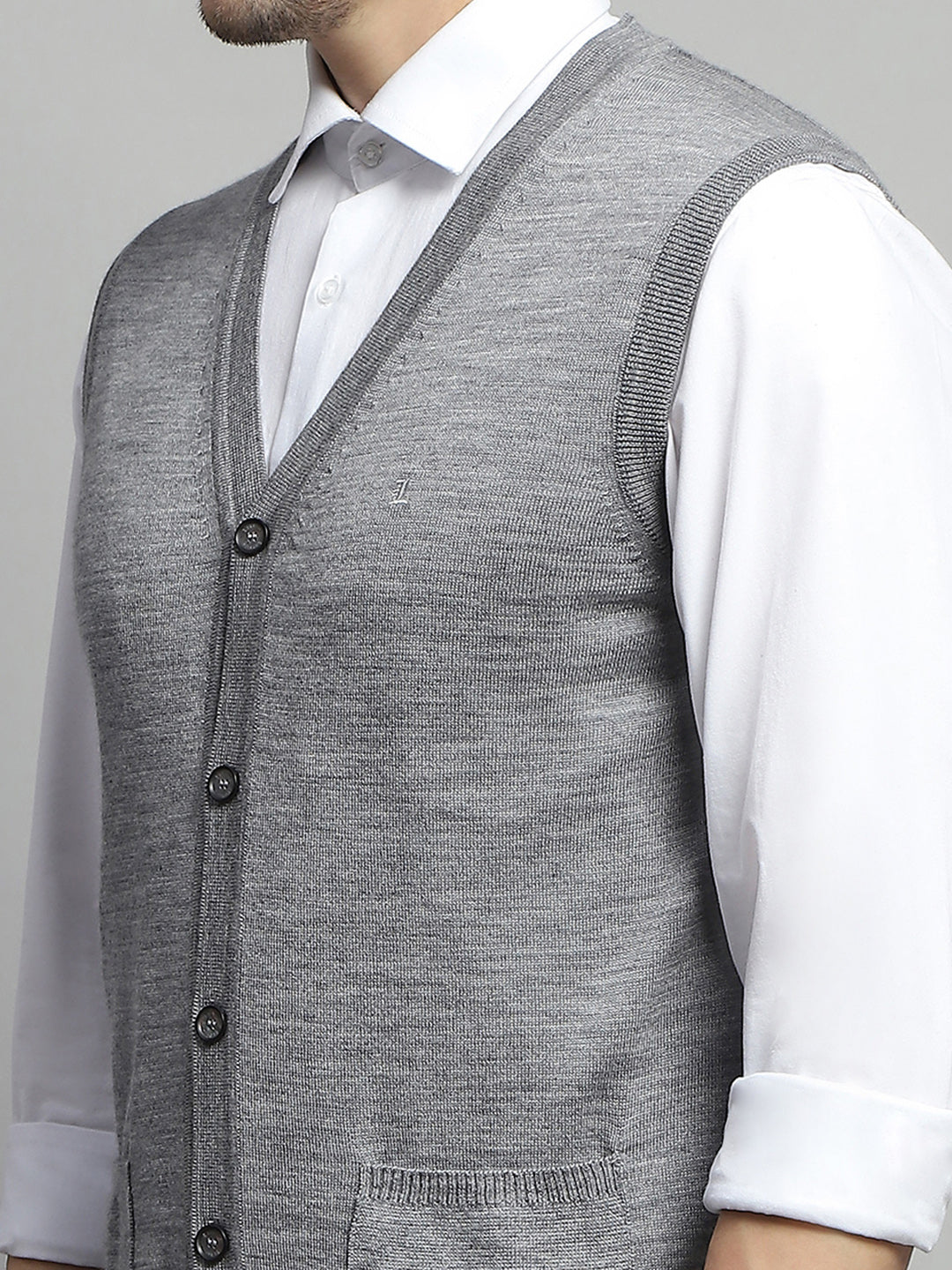 Luxuria Men Grey Solid V Neck Sleeveless Cardigan