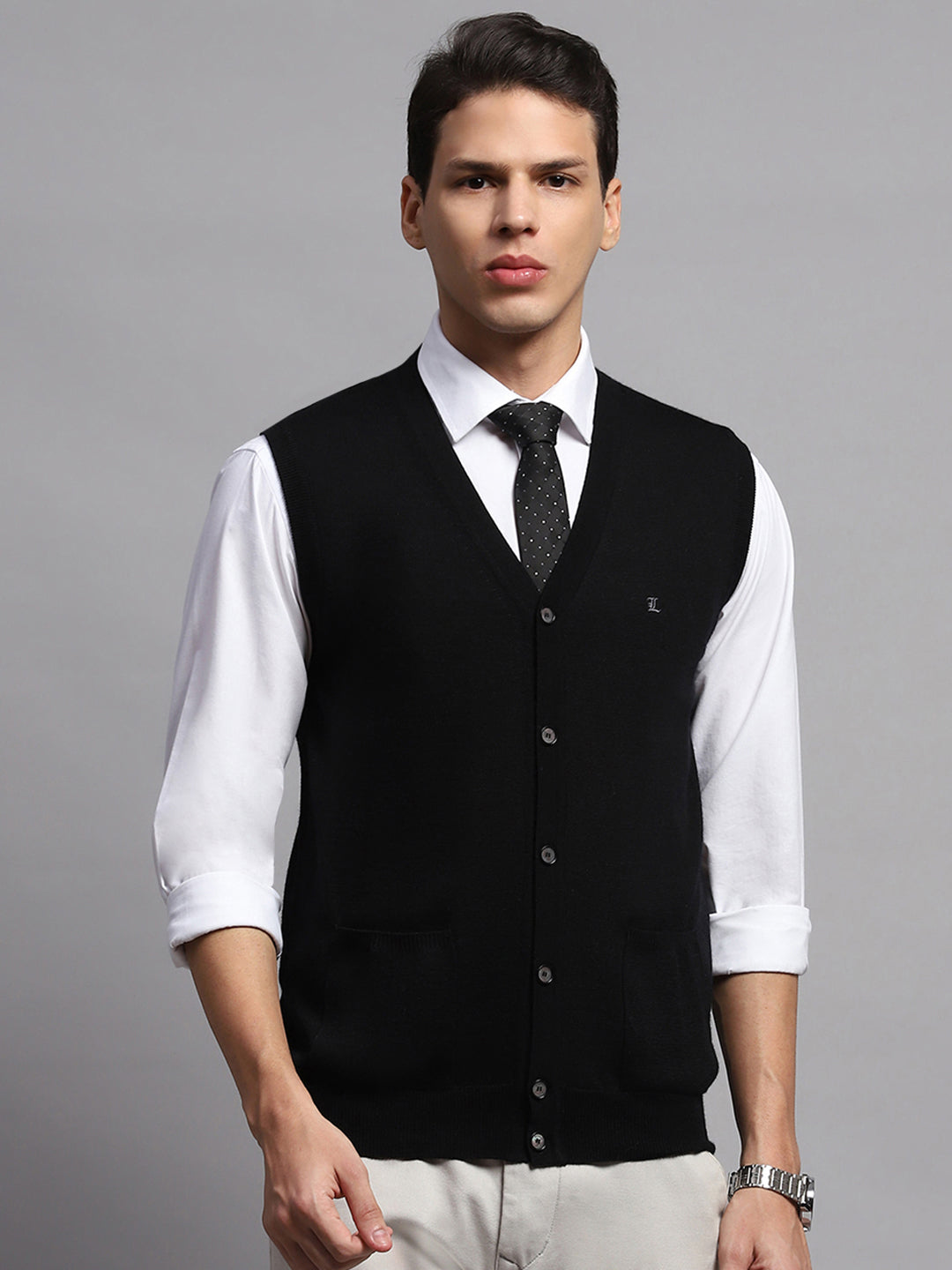 Buy Men Black Solid V Neck Sleeveless Cardigan Online in India