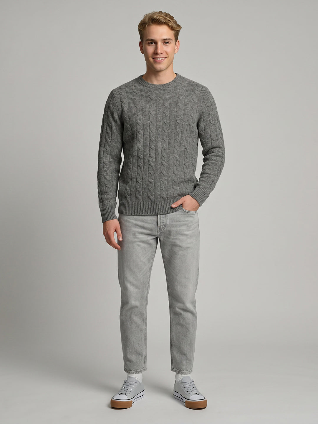 Luxuria Men Grey Self Design Round Neck Full Sleeve Pullover