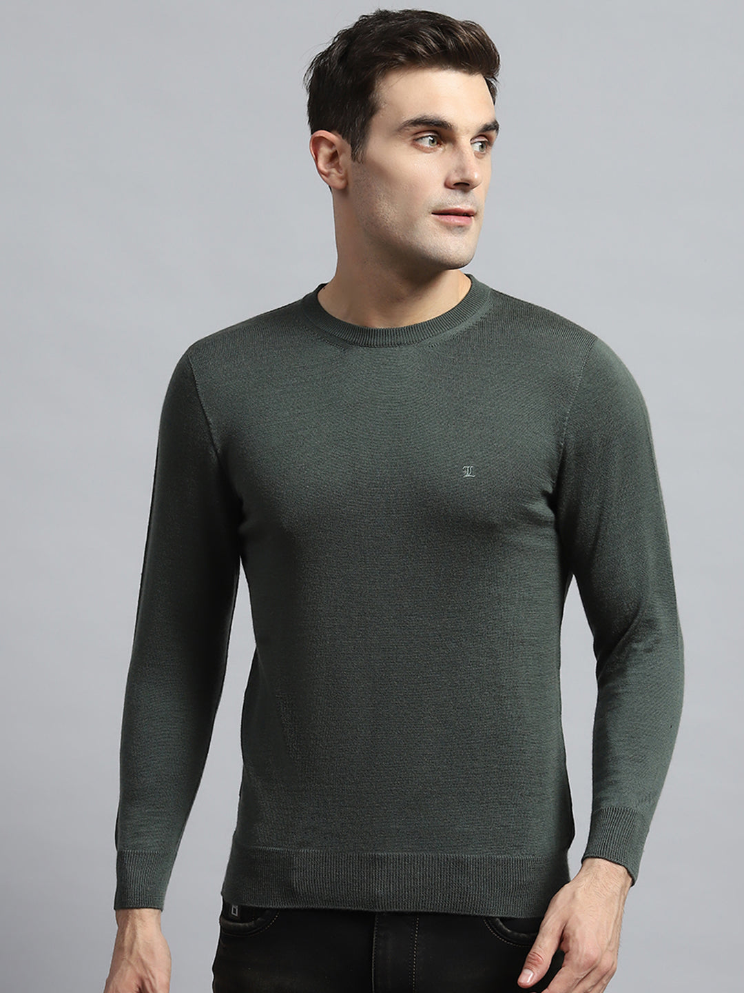 Luxuria Men Olive Solid Round Neck Full Sleeve Pullover