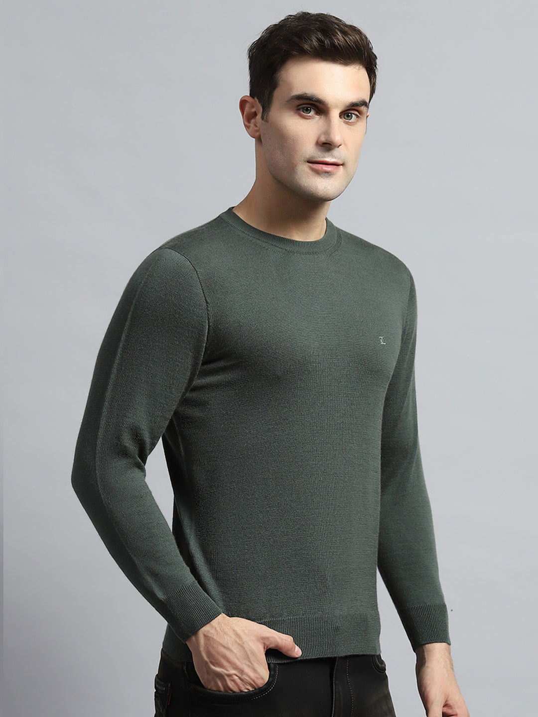 Luxuria Men Olive Solid Round Neck Full Sleeve Pullover