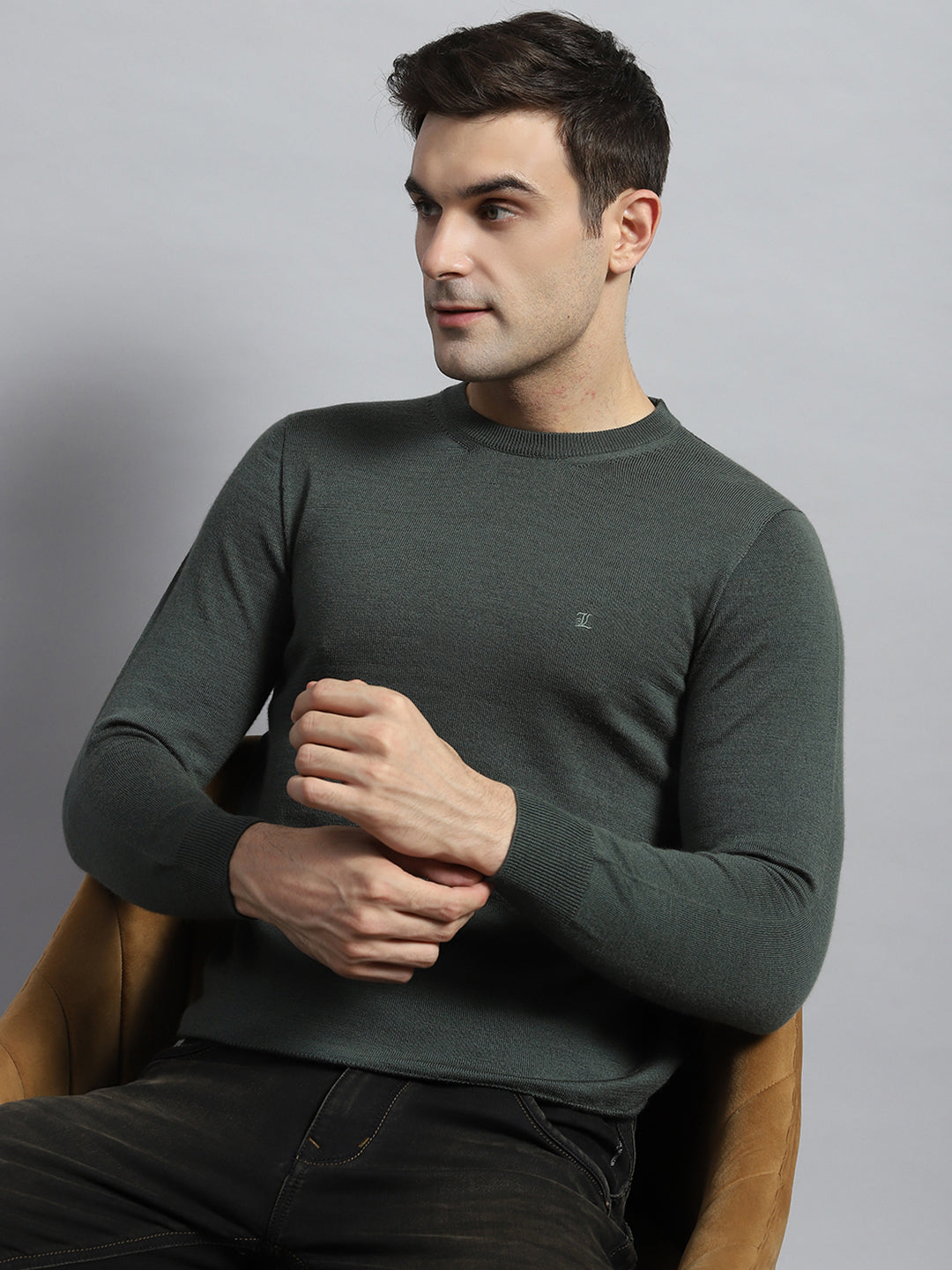 Luxuria Men Olive Solid Round Neck Full Sleeve Pullover
