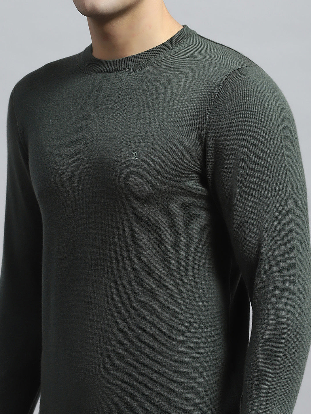 Luxuria Men Olive Solid Round Neck Full Sleeve Pullover