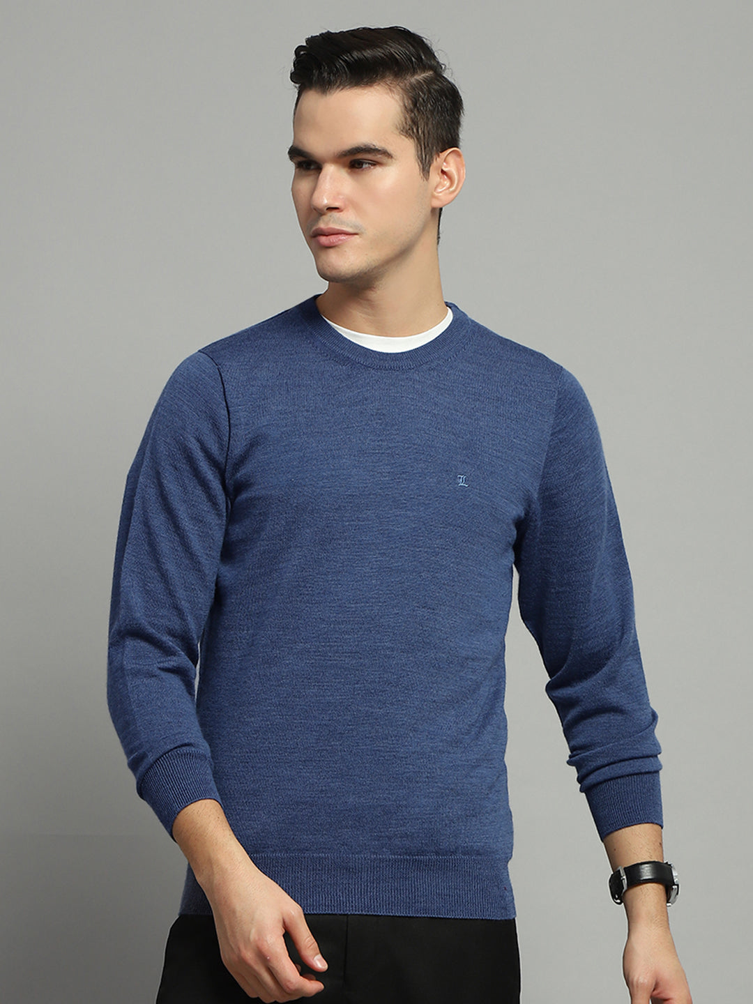 Luxuria Men Blue Solid Round Neck Full Sleeve Pullover
