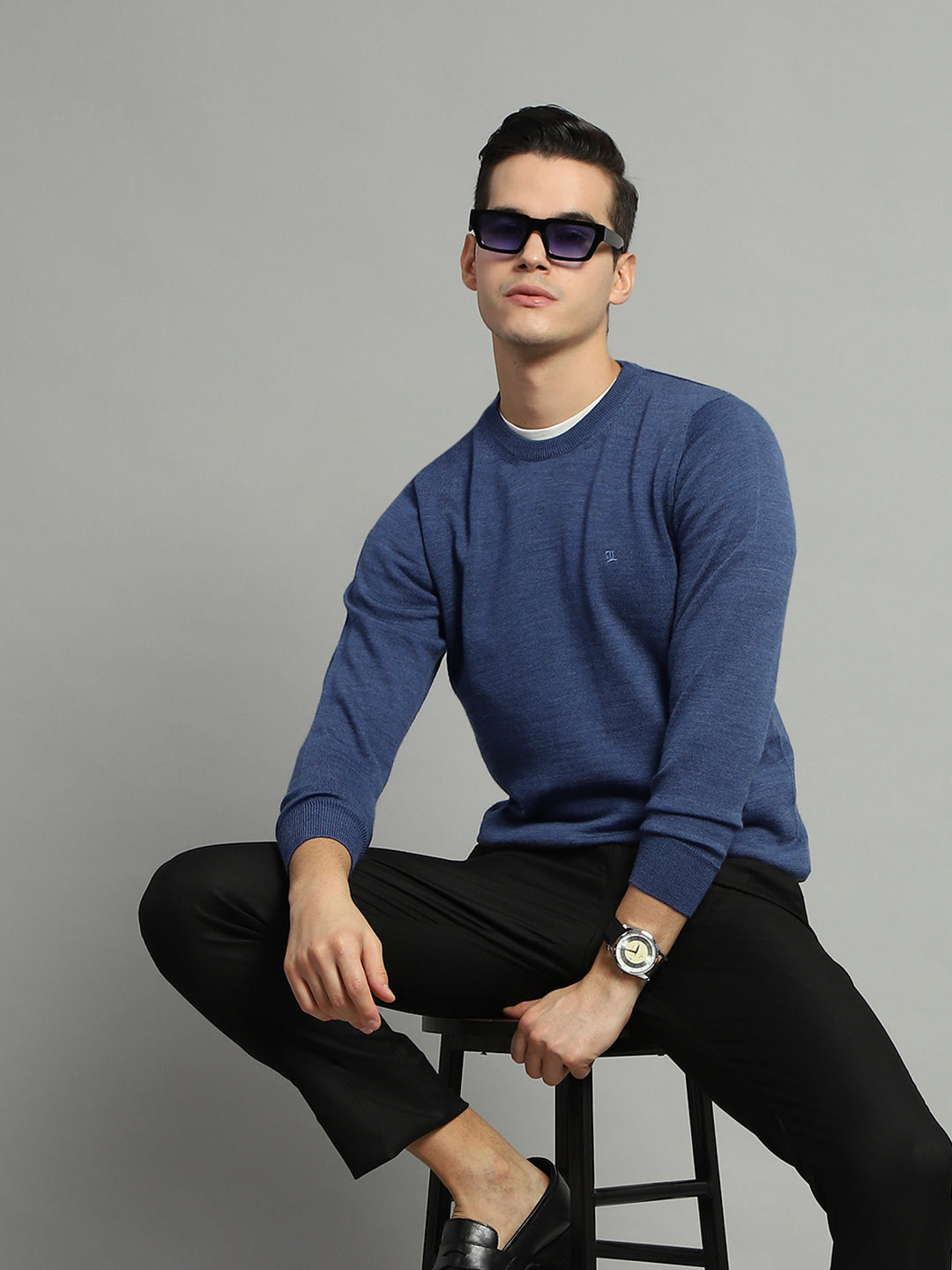 Luxuria Men Blue Solid Round Neck Full Sleeve Pullover
