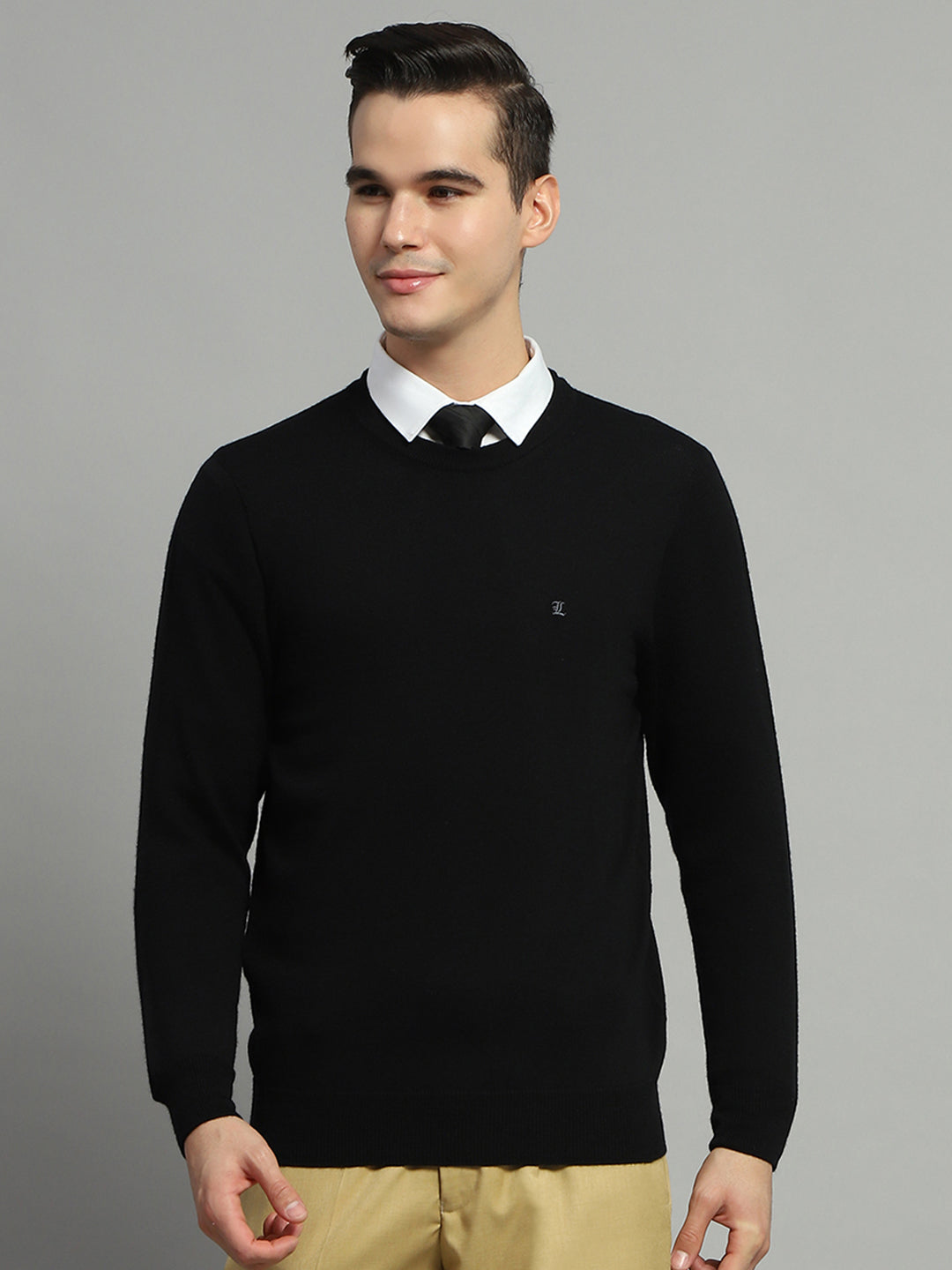 Luxuria Men Black Solid Round Neck Full Sleeve Pullover