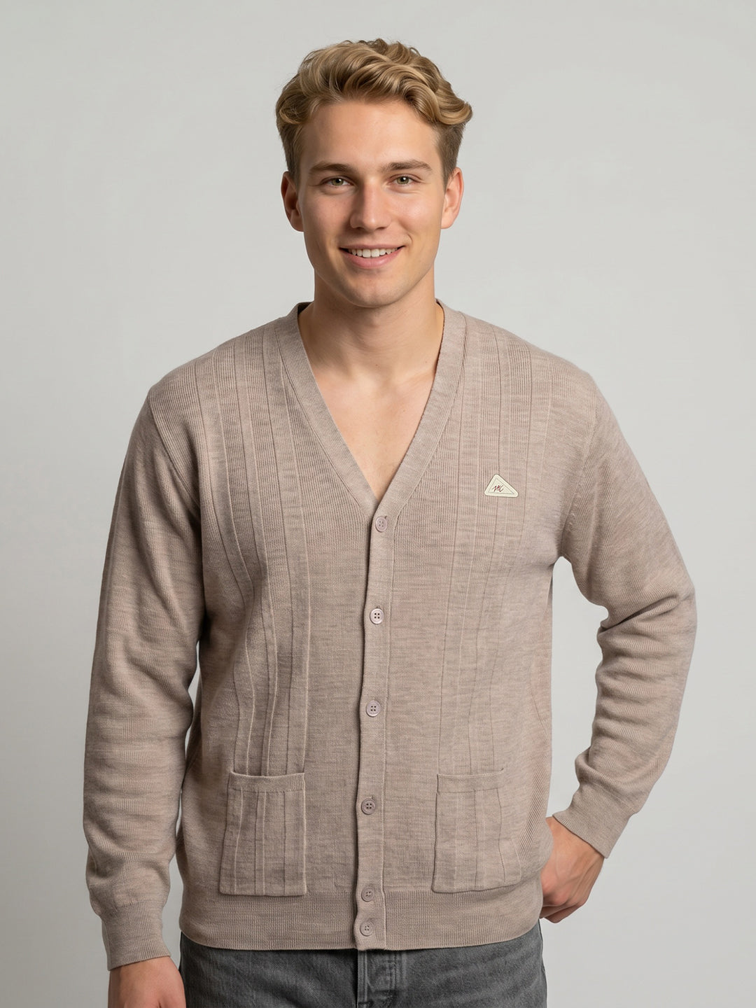 Men Beige Solid V Neck Full Sleeve Cardigan