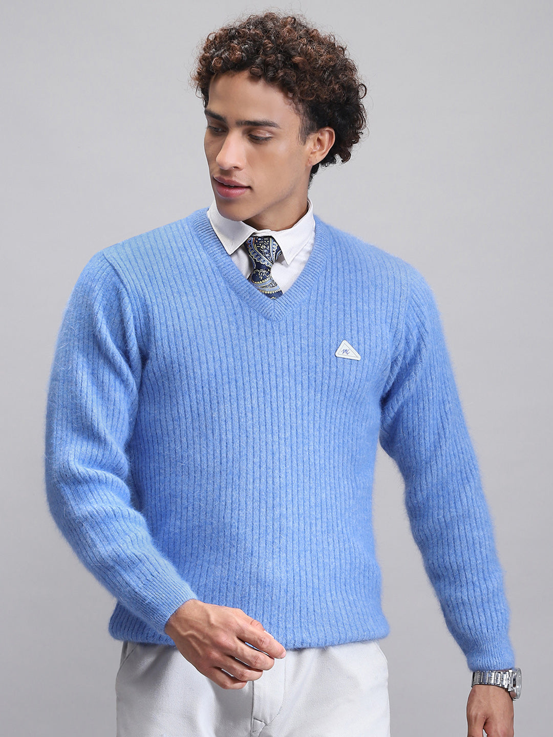 Men Blue Solid V Neck Full Sleeve Pullover