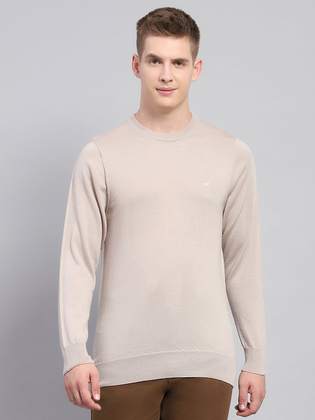 Men Beige Solid Round Neck Full Sleeve Pullover