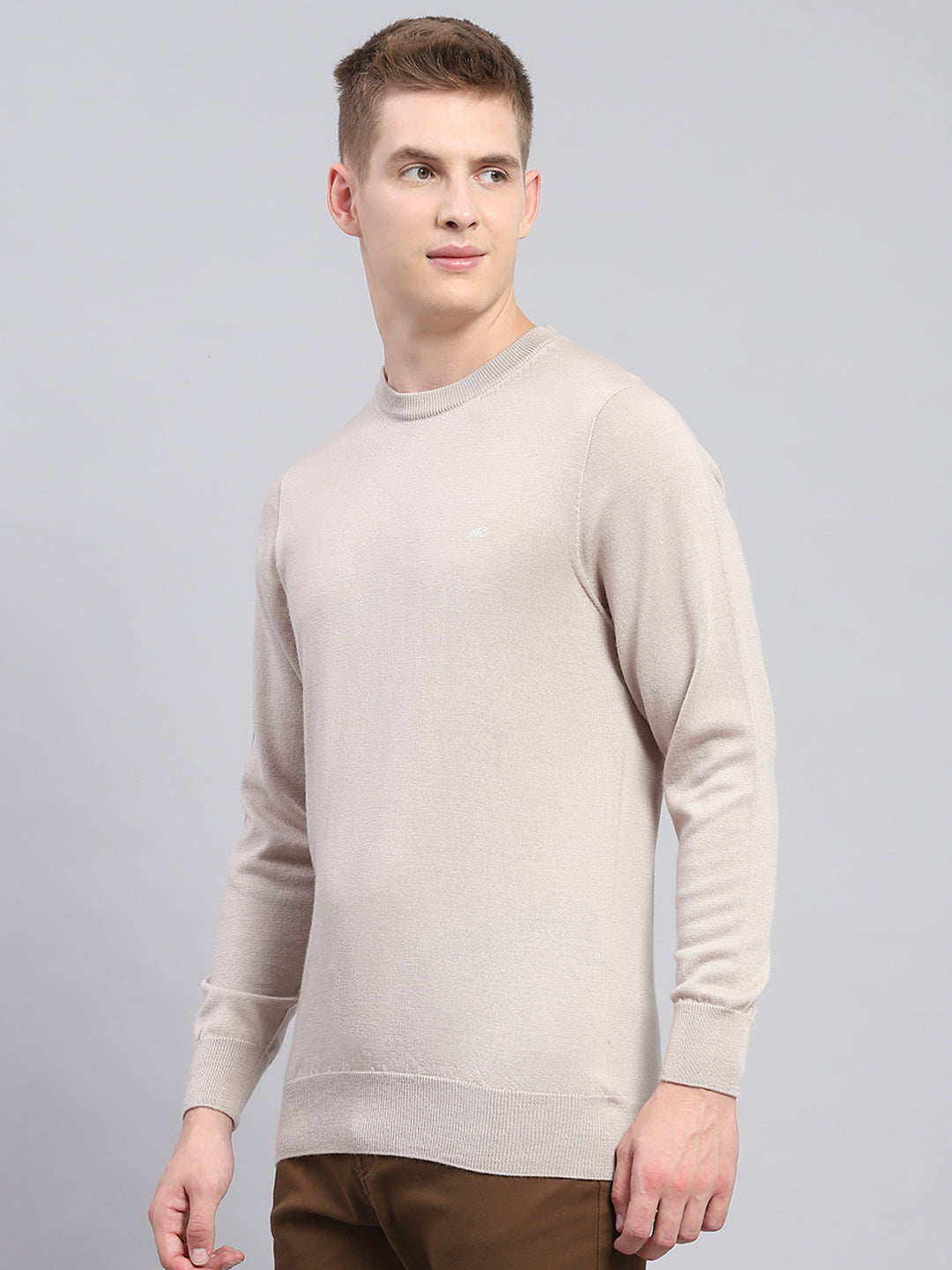 Men Beige Solid Round Neck Full Sleeve Pullover