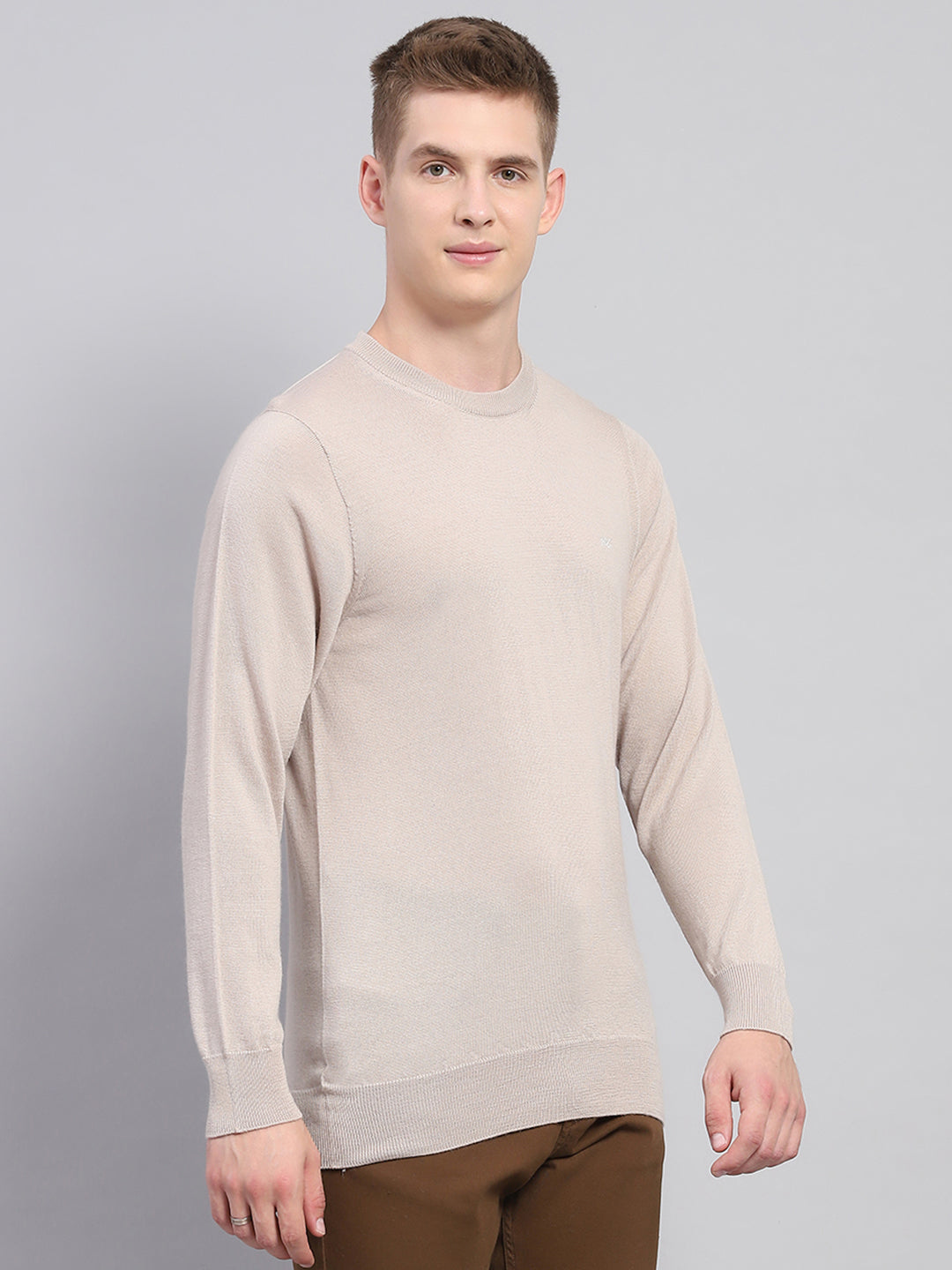 Men Beige Solid Round Neck Full Sleeve Pullover