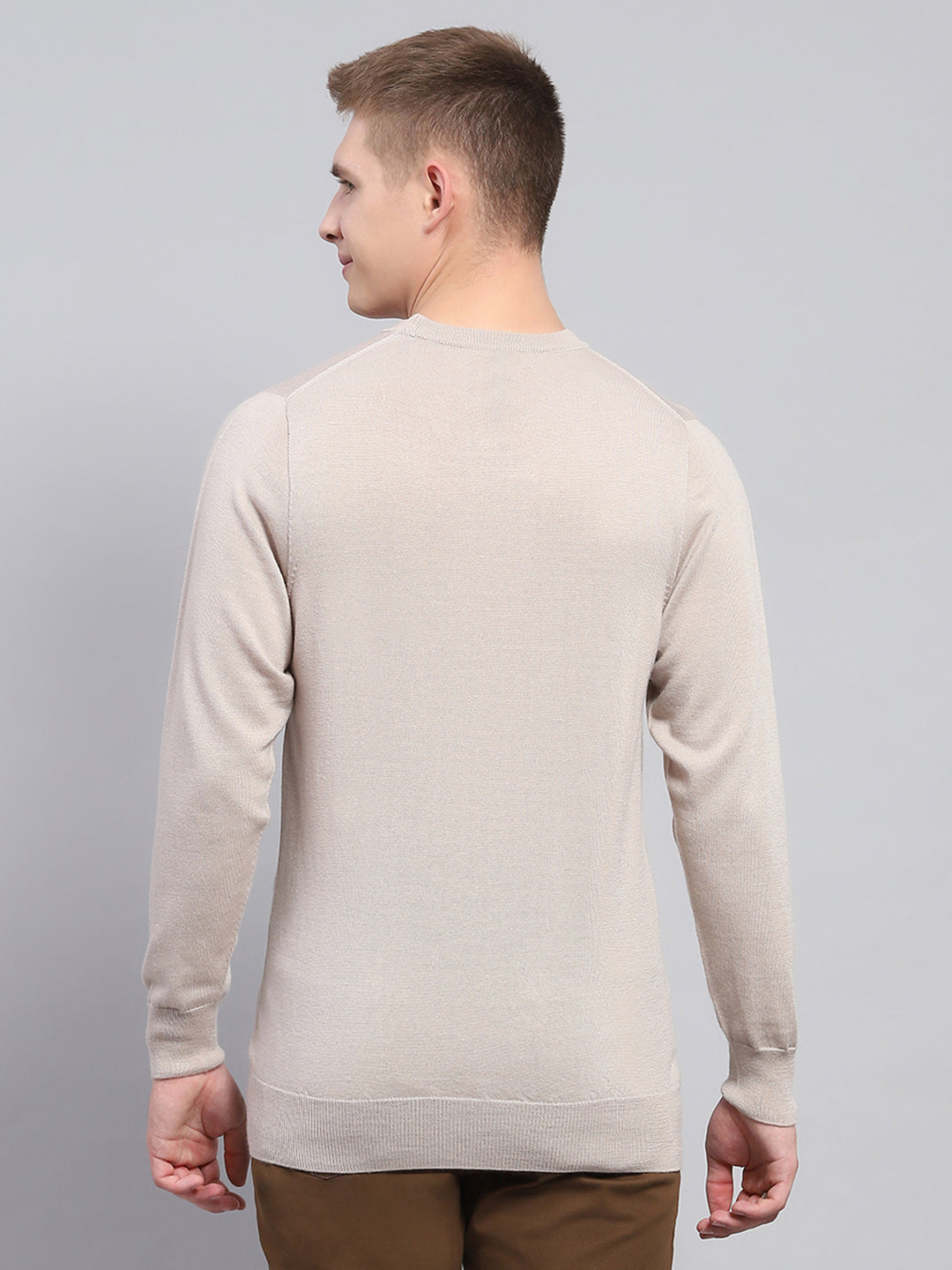 Men Beige Solid Round Neck Full Sleeve Pullover