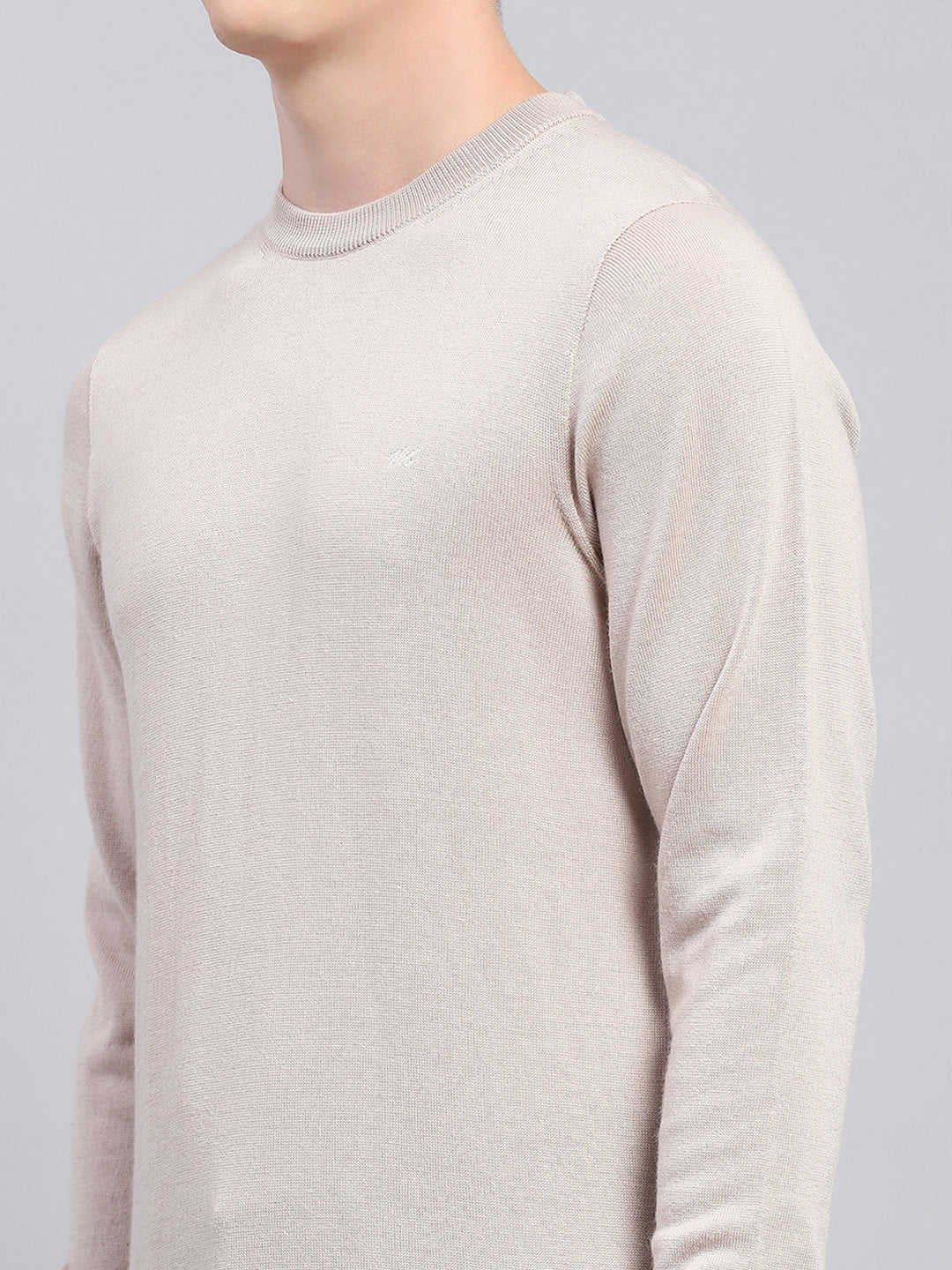 Men Beige Solid Round Neck Full Sleeve Pullover