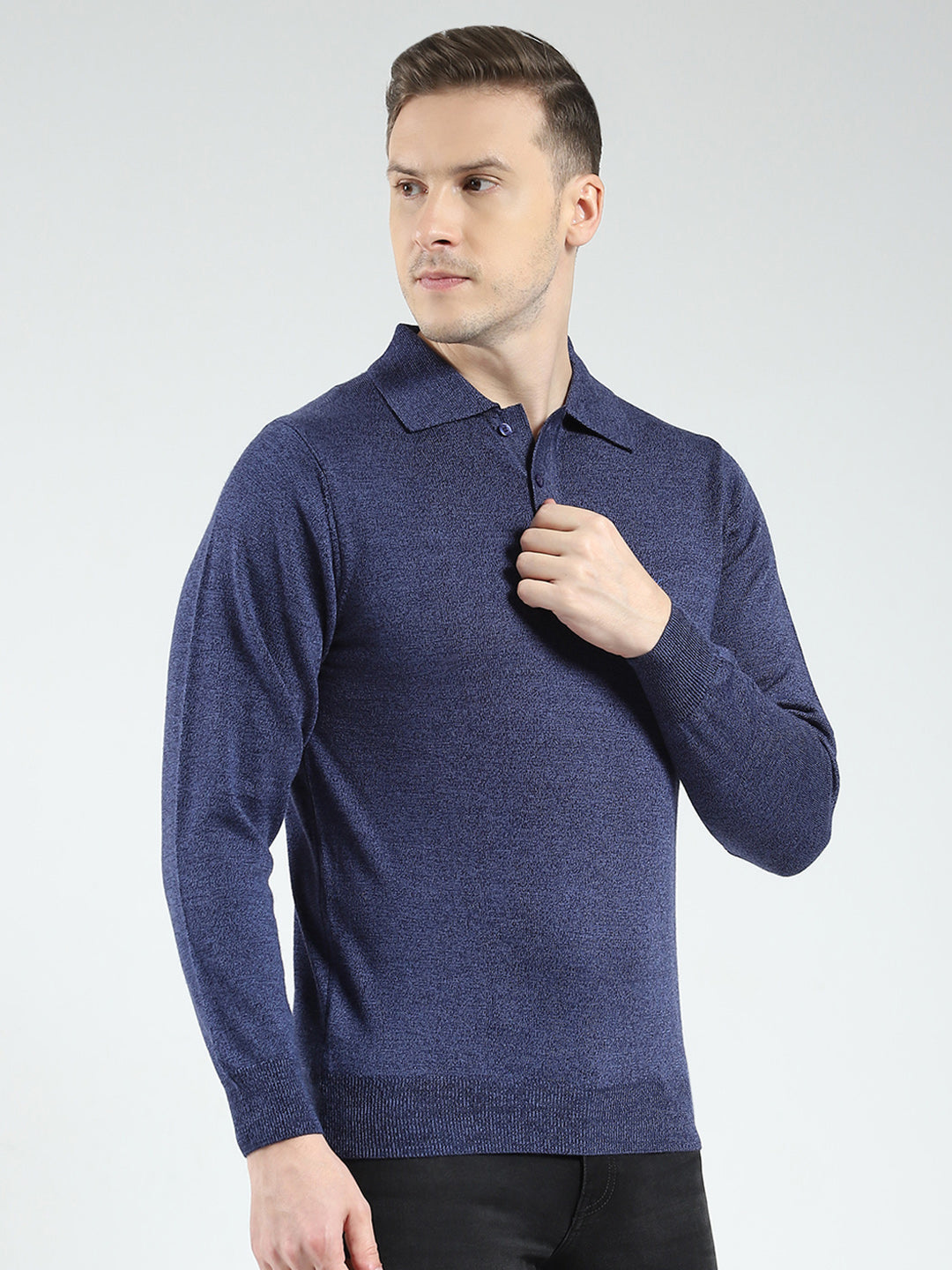 Men Navy Blue Solid Collar Full Sleeve Winter T-Shirt