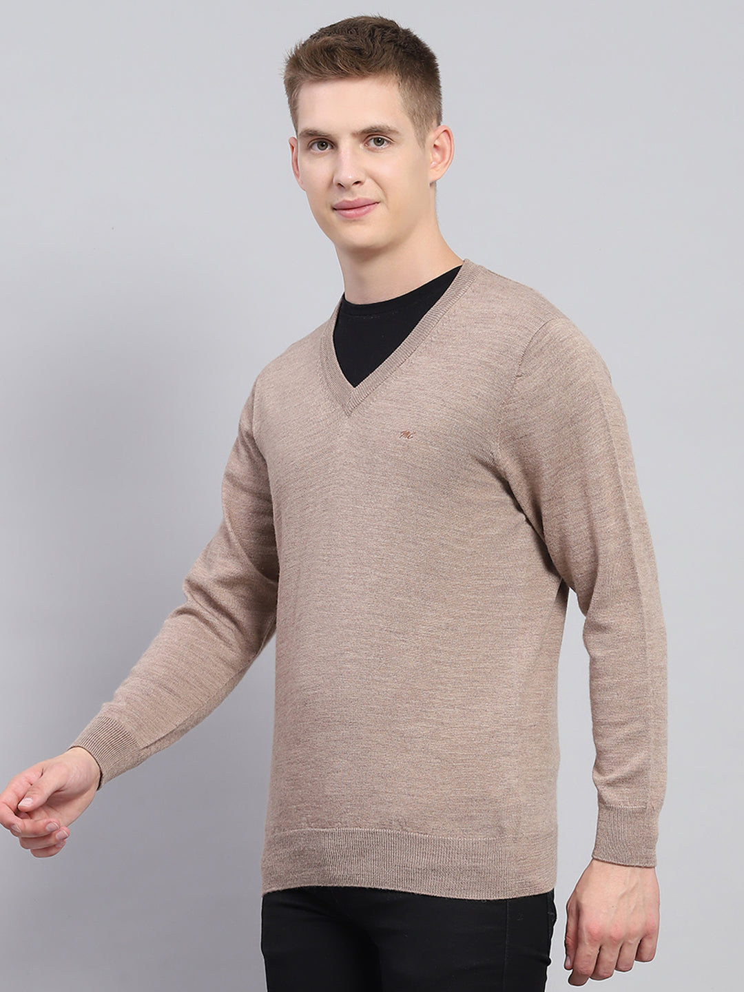 Men Beige Solid V Neck Full Sleeve Pullover
