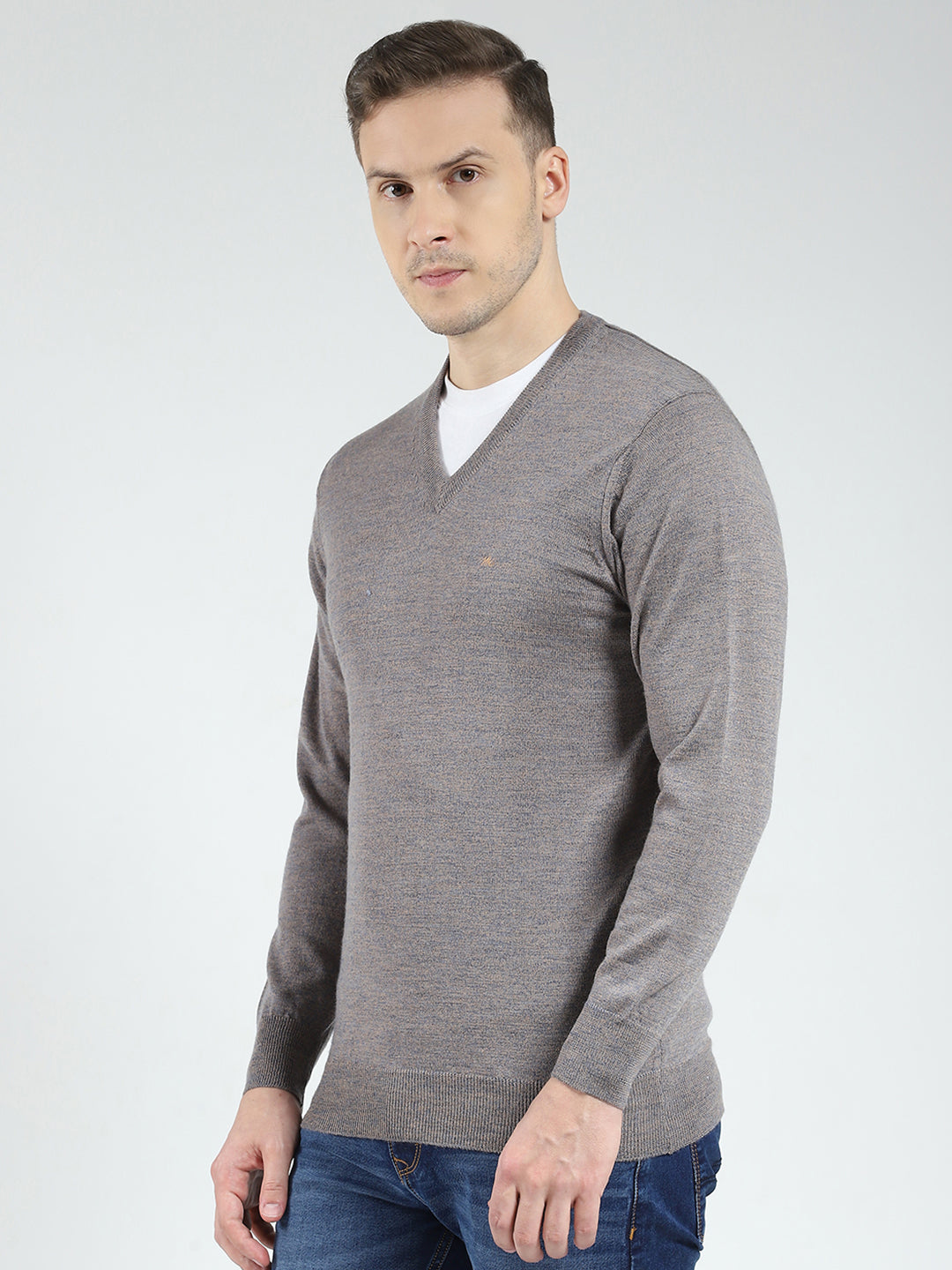 Men Grey Solid V Neck Full Sleeve Pullover