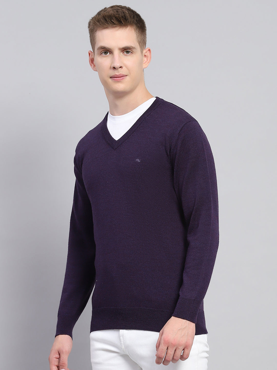 Men Purple Solid V Neck Full Sleeve Pullover